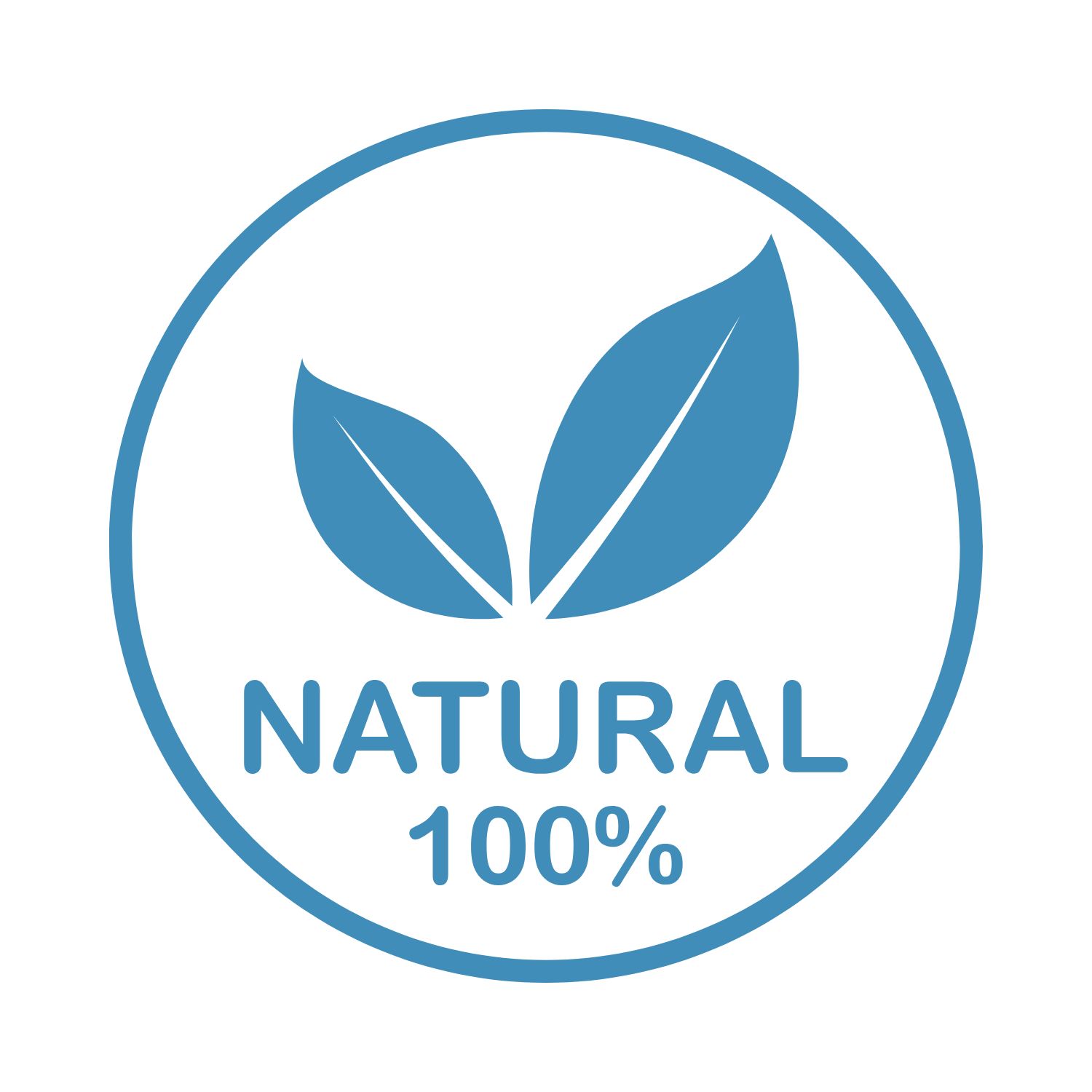 Cerchio blu con due foglie stilizzate e la scritta "NATURAL 100%"