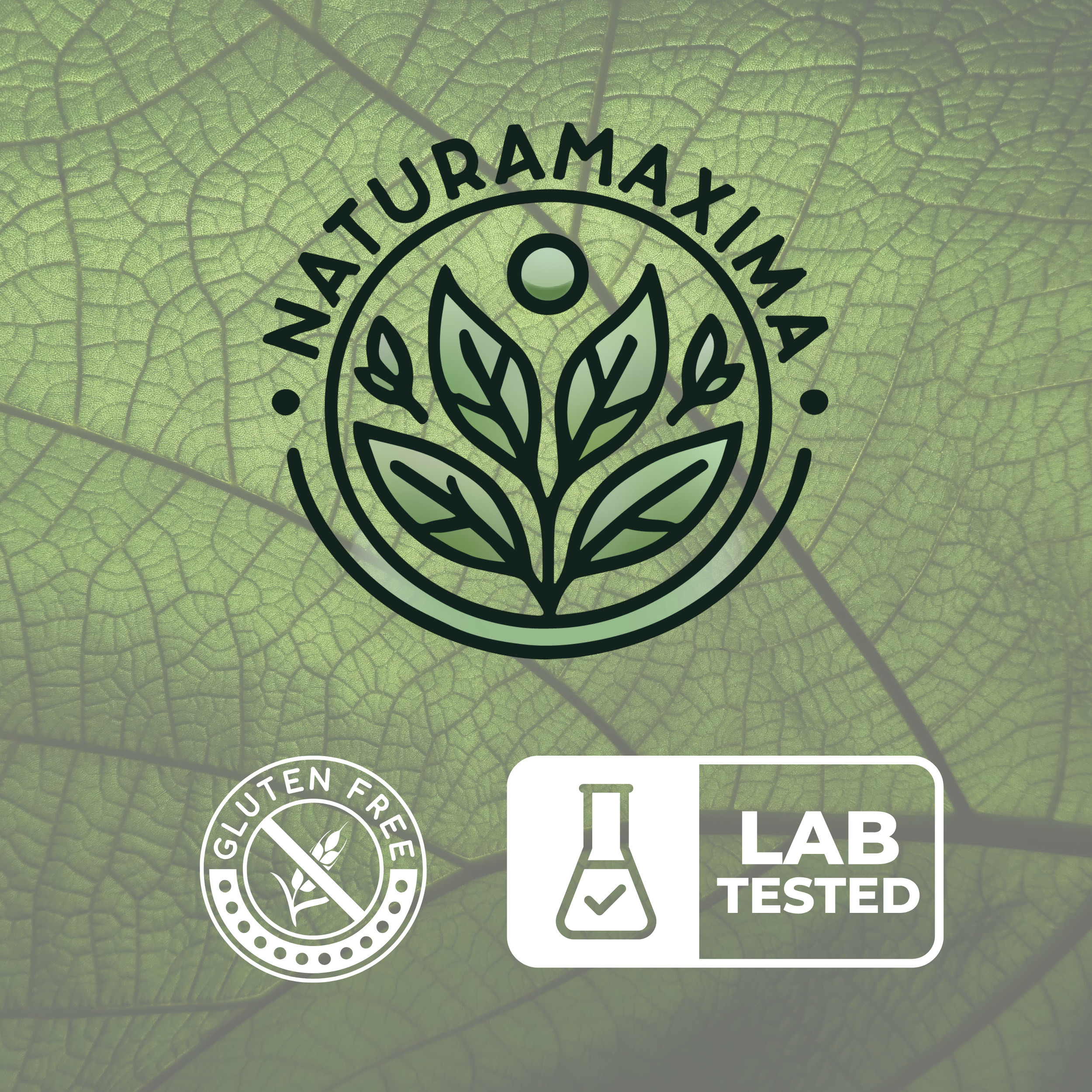 Logo di Natura Yuxima con foglie stilizzate, certificati di prodotto senza glutine e testato in laboratorio, su sfondo di foglia verde.