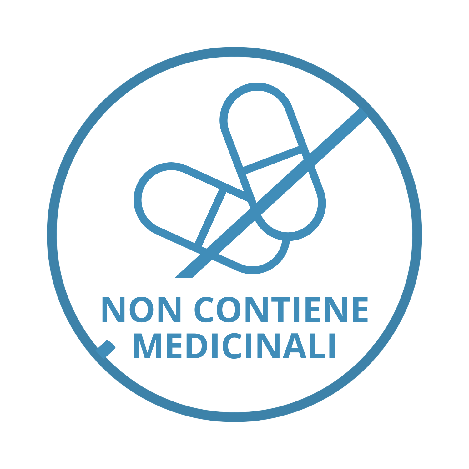 Simbolo di divieto di medicinali con l'informazione "Non contiene medicinali" scritto in italiano.