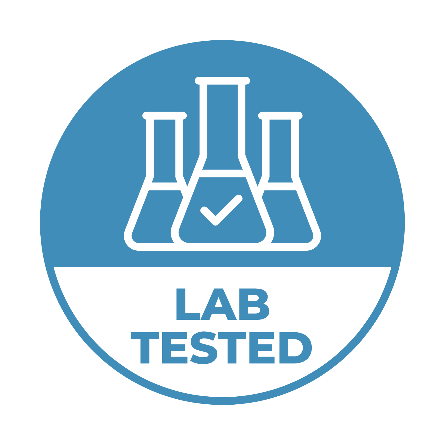 Simbolo di un laboratorio chimico con tre provette, una con una spunta sopra, e la scritta 'LAB TESTED'