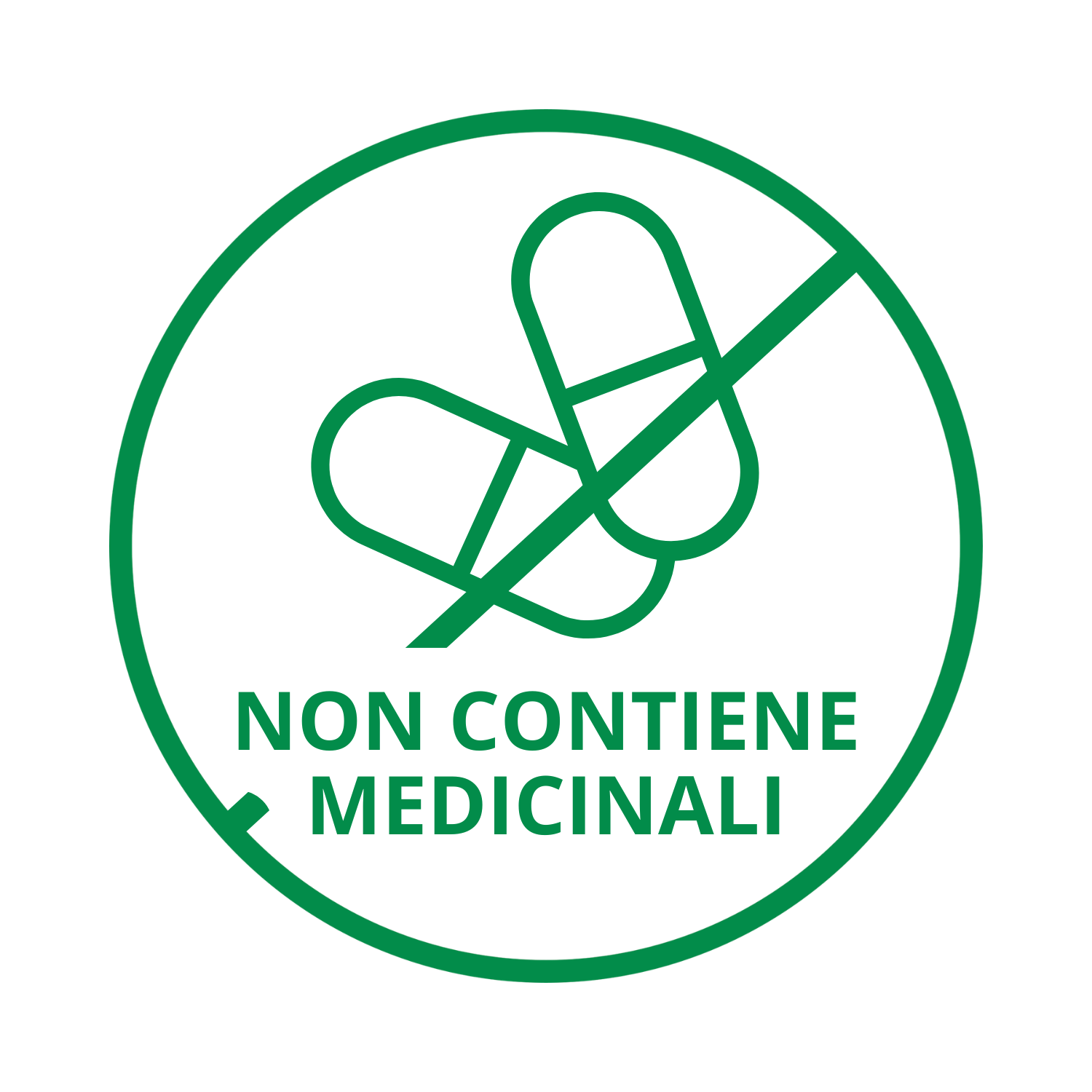 Simbolo di divieto con pillole e testo 'Non contiene medicinali'