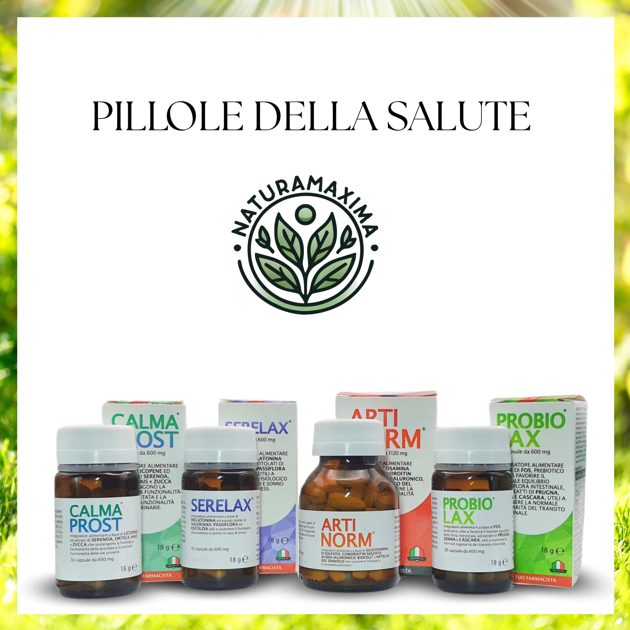 Immagine di vari integratori alimentari con etichette in italiano, posizionati davanti a un cartello con scritta 'Pillole della Salute' e un logo di foglie verdi con il testo 'NATURAMAXIMA'.