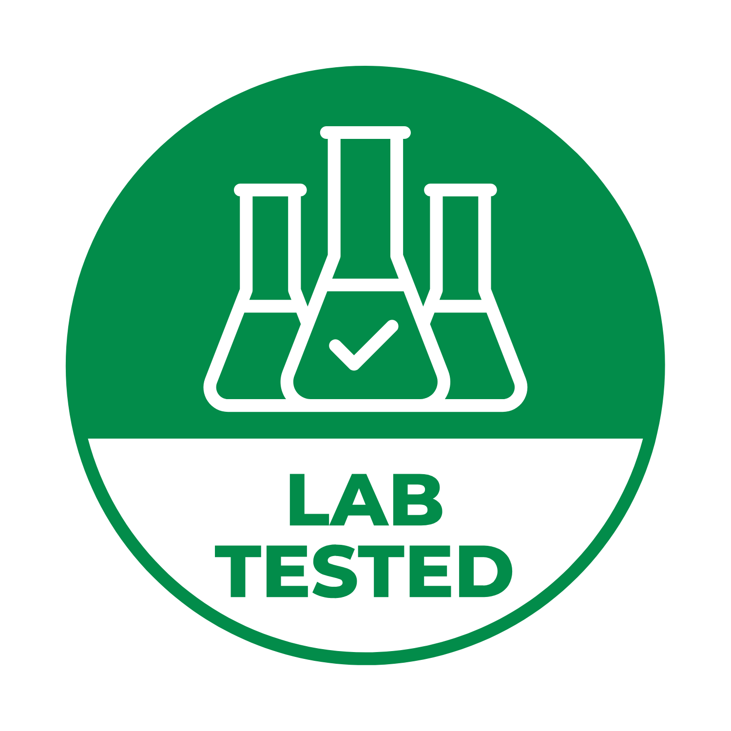 Simbolo verde con tre beute di laboratorio e la scritta "LAB TESTED" in basso, indica che il prodotto è stato testato in laboratorio.