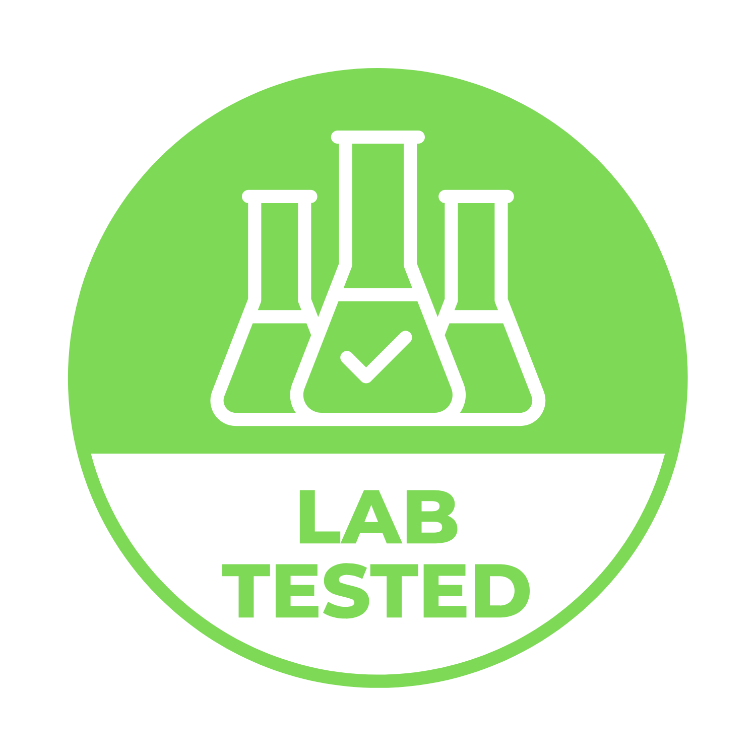Simbolo di laboratorio con tre beute chimiche e un distintivo di approvazione, testo 'LAB TESTED'