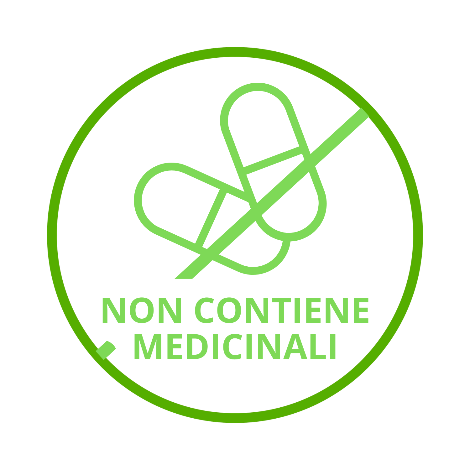 Simbolo di pillole con una linea diagonale e testo in italiano 'Non contiene medicinali'