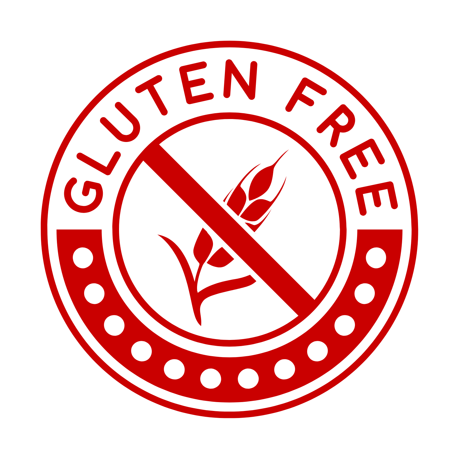 Simbolo di esclusione senza glutine con un chicco di grano barrato, circondato dalla scritta 'Gluten Free'