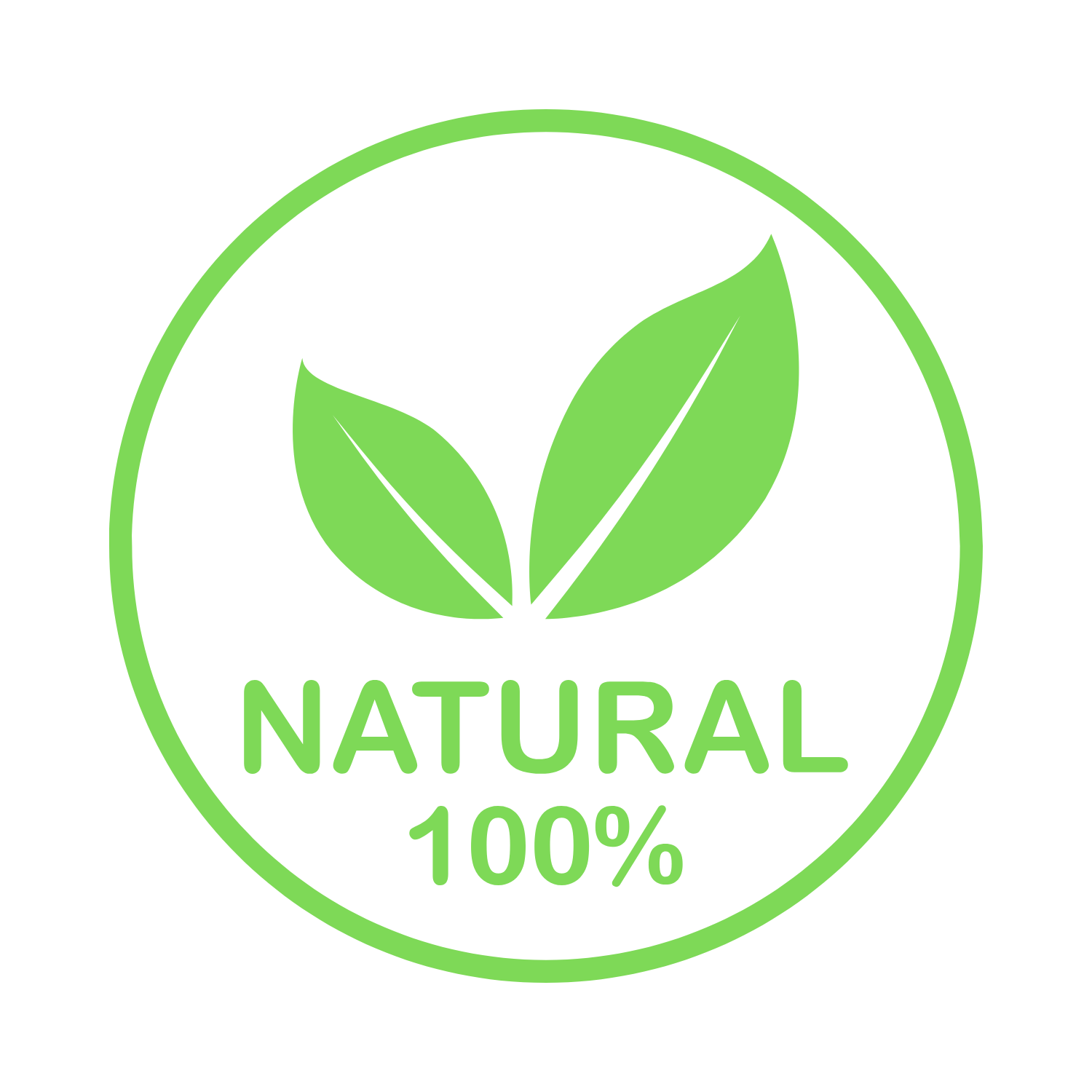 Simbolo di foglie verdi con la scritta "Natural 100%" in verde, circondato da un cerchio verde, rappresentante un'etichetta di prodotto naturale.