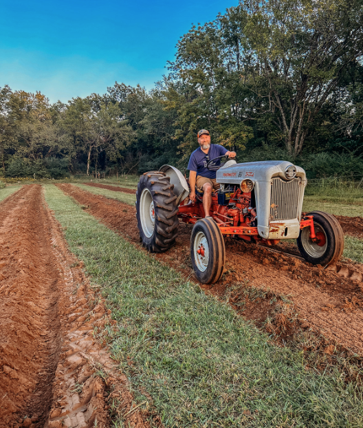 A man sitting on a vintage tractor in a cultivated field during daytime with trees in the background at The Flower Meadow You Pick Flower Farm and Barnyard Petting in Coweta, Ok