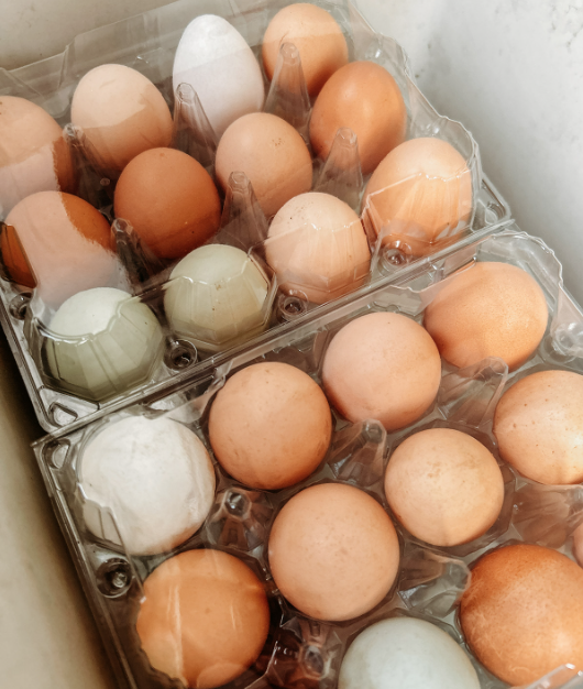 Carton of various colored eggs, including brown, white, and green, arranged in individual compartments.