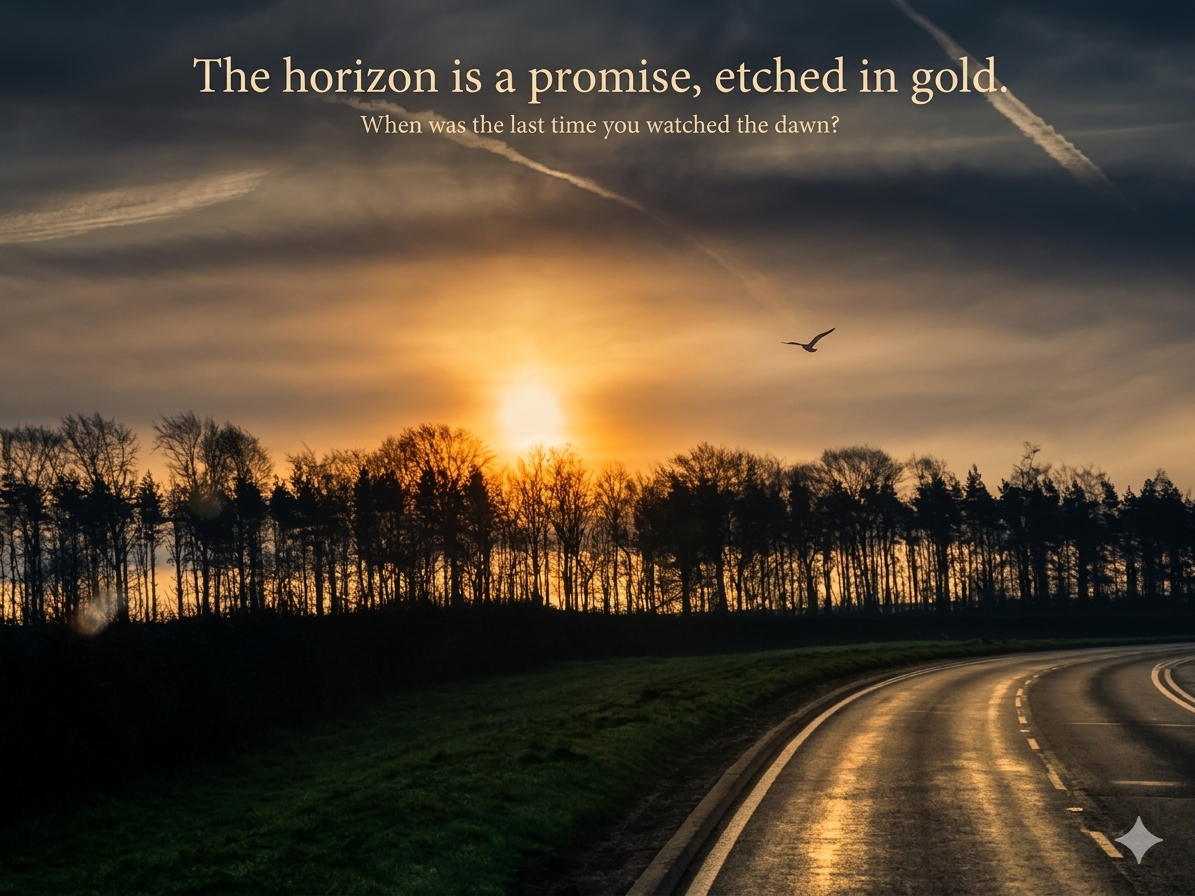 Sunset over a winding road with trees along the horizon and a bird flying in the sky, with an inspirational quote about hope and dawn.