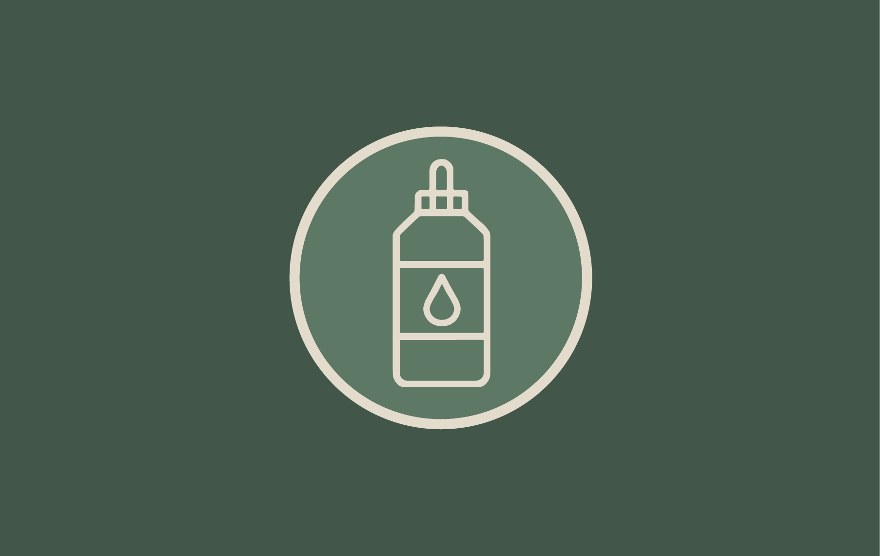 Outline icon of a spray bottle with a droplet symbol on it, inside a circle, on a dark green background.