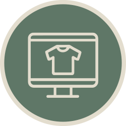 Icon of a computer monitor with a t-shirt displayed on the screen, representing online shopping or clothing store.