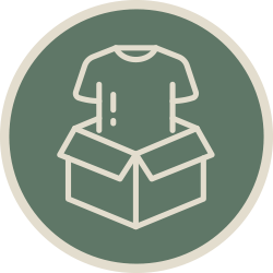 Outline of a t-shirt inside an open box, in a circular green background.