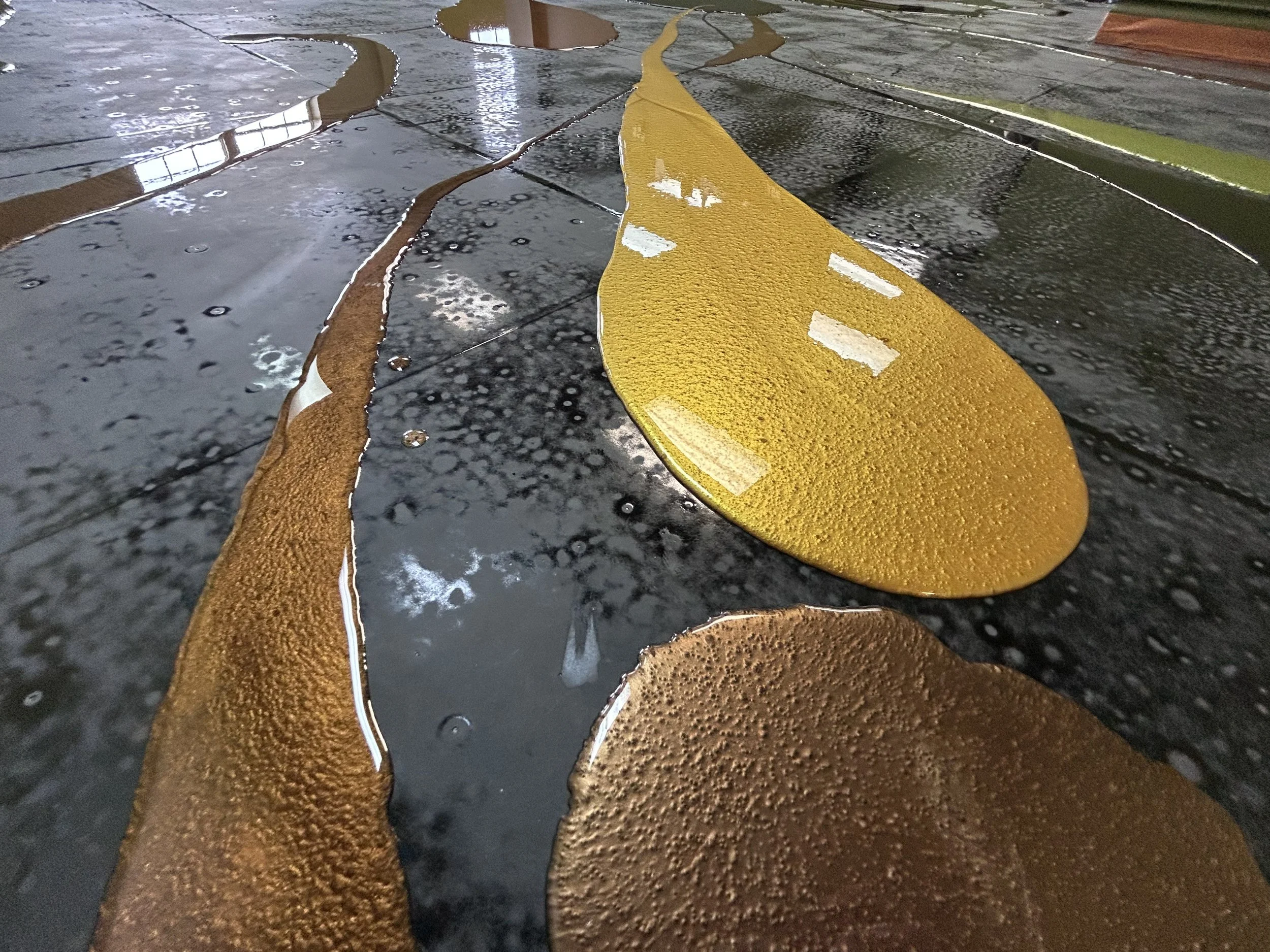 Close-up view of a wet, shiny, colorful mosaic floor with various tiles, including black, brown, and yellow, showing reflections of windows and the surroundings.