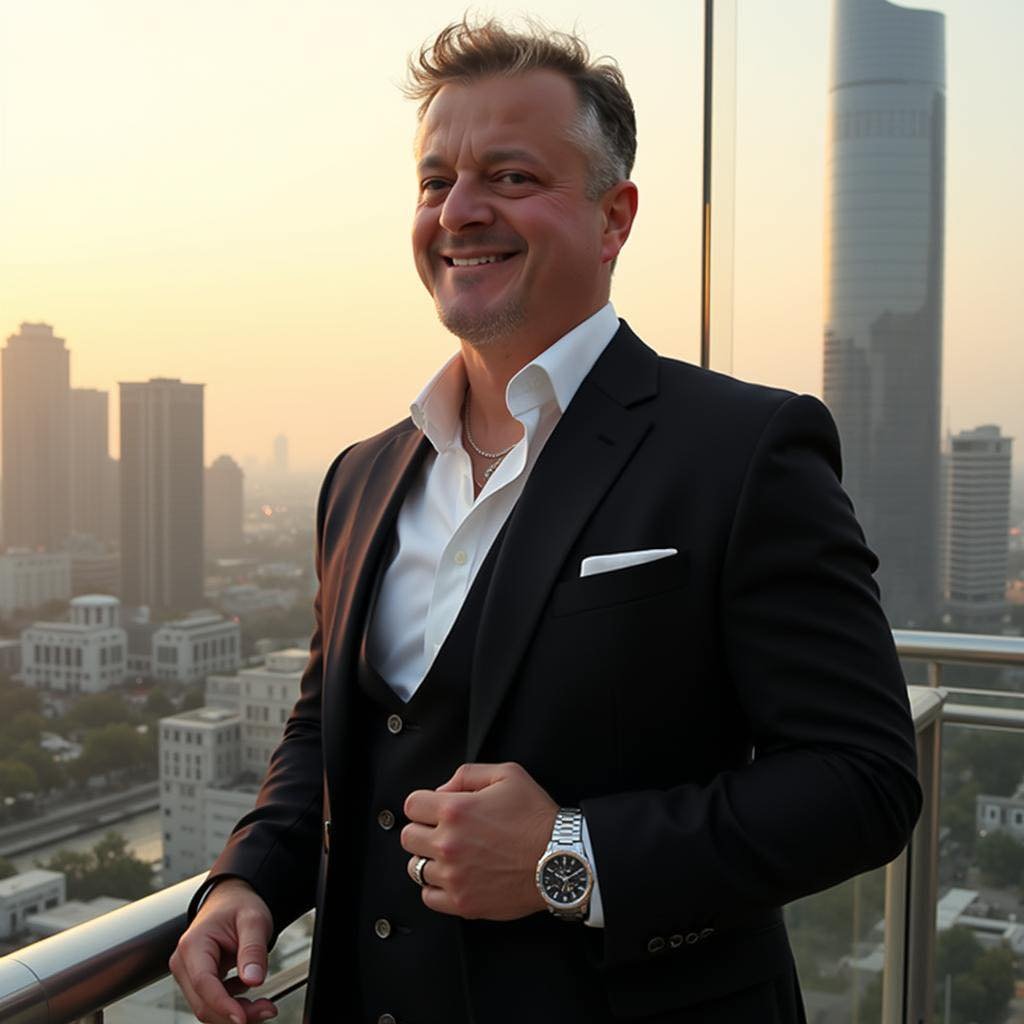 Homme d'affaires souriant en costume noir sur un balcon avec une vue urbaine au coucher du soleil.