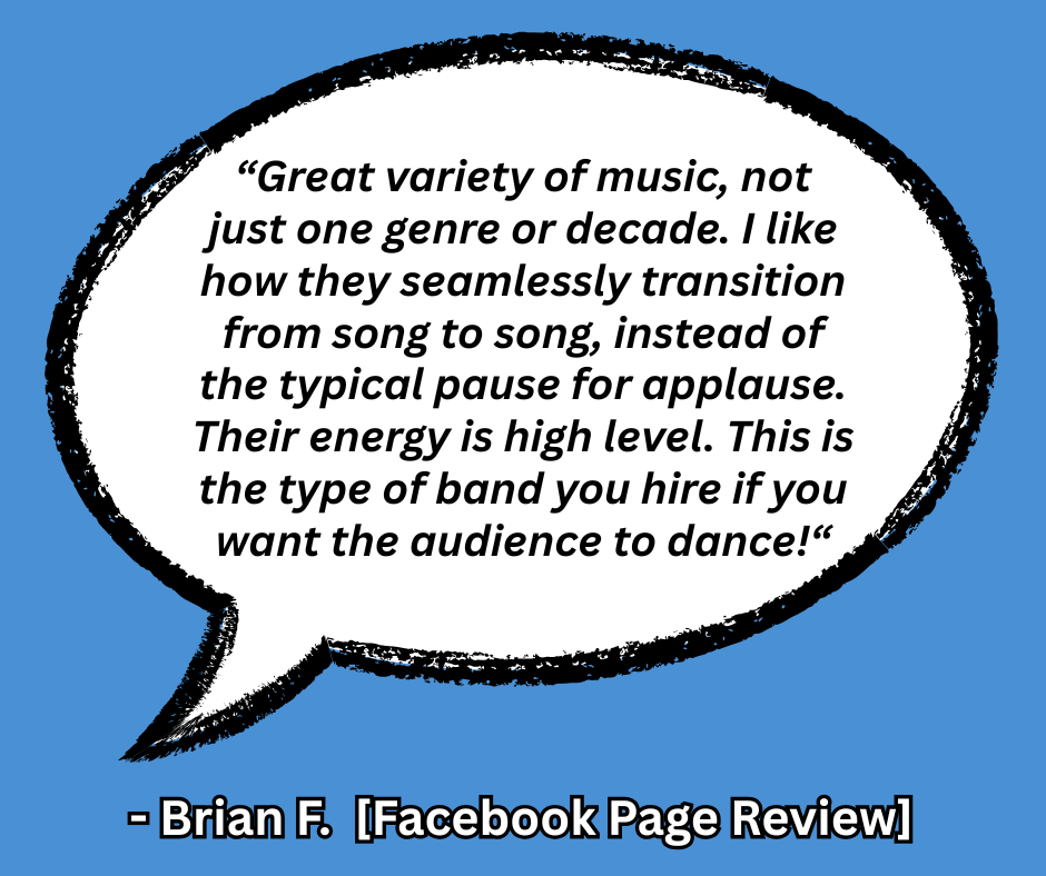 A quote about music in a speech bubble on a blue background, attributed to Brian F. from a Facebook page review.