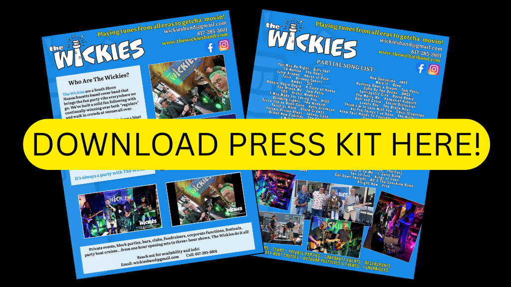 Flyers for The Wickies band with promotional text, band images, and song list, overlaid with a yellow banner saying 'DOWNLOAD PRESS KIT HERE!'.