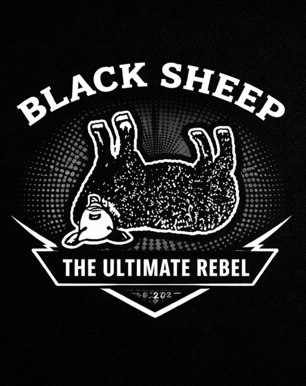 Illustration of a black sheep lying down with eyes closed, surrounded by text that reads "Black Sheep" at the top and "The Ultimate Rebel" at the bottom, on a black background.