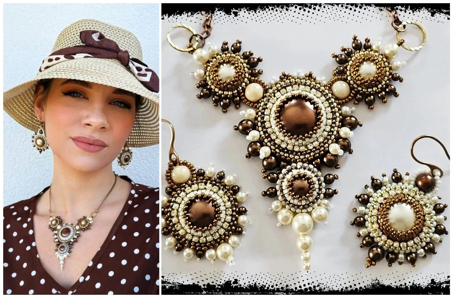 A woman wearing a wide-brimmed straw hat, earrings, and a matching necklace with a circular design, all featuring cream, brown, and gold beads, paired with a brown polka dot dress, standing against a white wall. The image also displays a close-up of 
