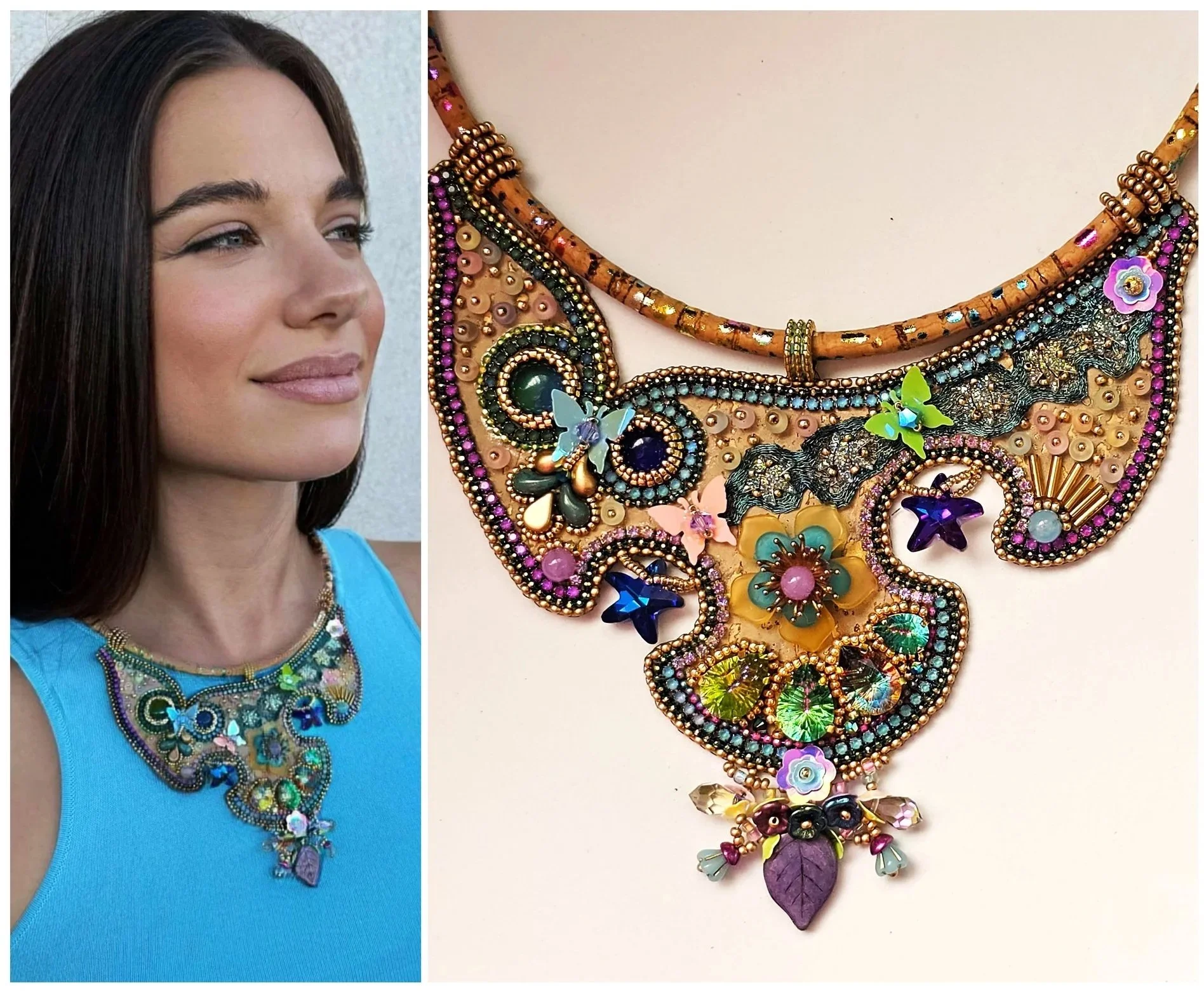 A woman wearing a vibrant, ornate necklace and matching earrings, standing in front of a solid background. The jewelry features colorful beads, stones, butterflies, flowers, and intricate patterns.