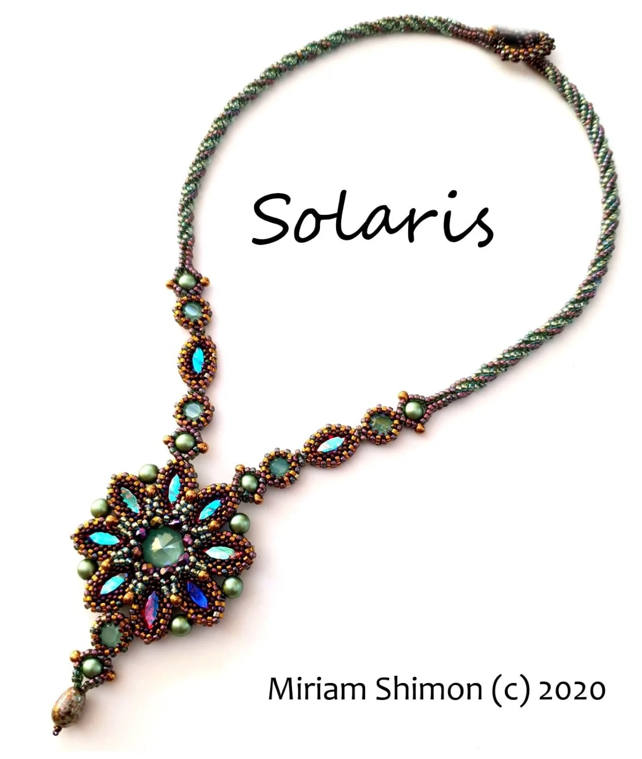 Colorful beaded necklace with a flower-shaped pendant and intricate patterns, on a white background, with the word 'Solaris' in the center and the name Miriam Shimon with a copyright symbol and year 2020 at the bottom.