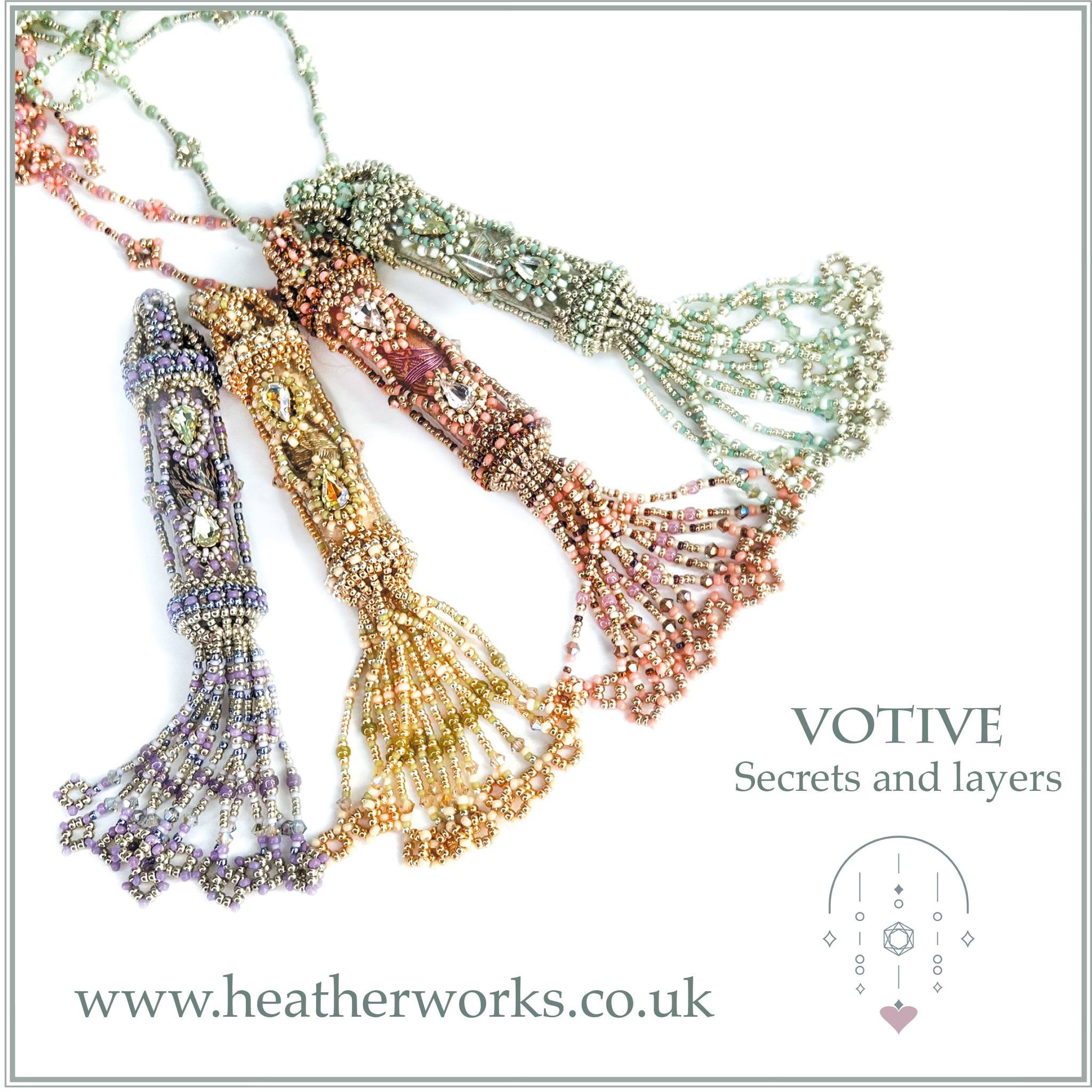 Colorful beaded necklaces with intricate designs, including pendants and gemstone accents, arranged in a fan shape on a white background, with website URL at the bottom.