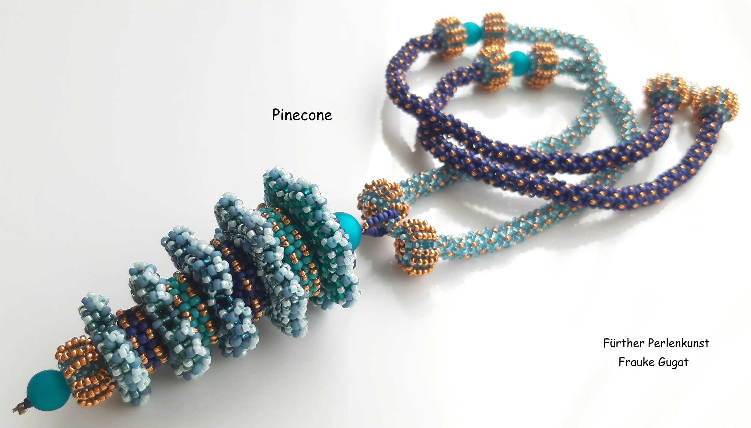 Colorful beaded jewelry with intricate designs, including necklaces and bracelets, made from small beads in shades of blue, orange, and gray, with some beads in solid colors and others with patterns, arranged on a white background.