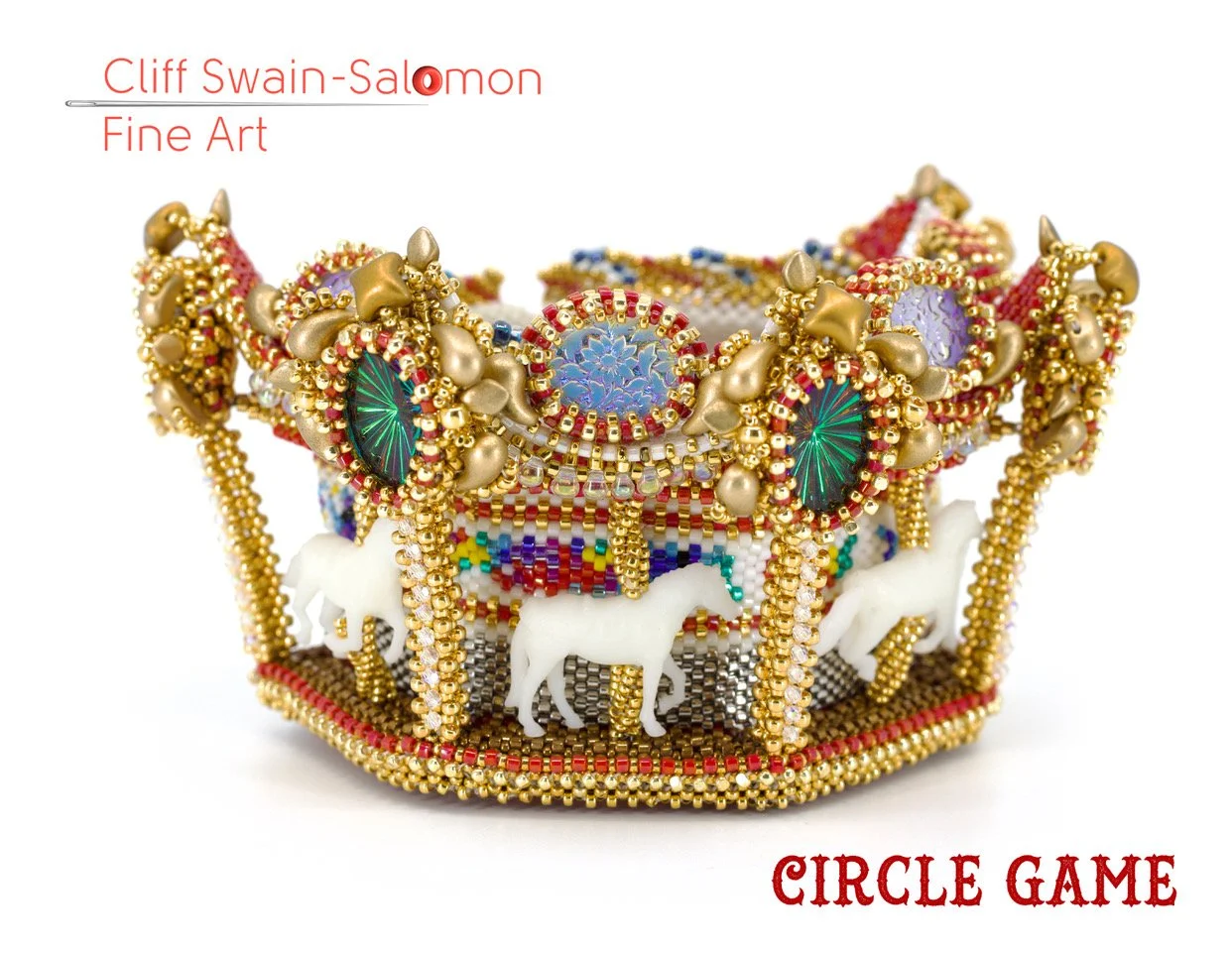 Decorative crown with white unicorn figurines, gold beads, colorful stones, and intricate details, labeled 'Circle Game' by Cliff Swain-Salomón, Fine Art.
