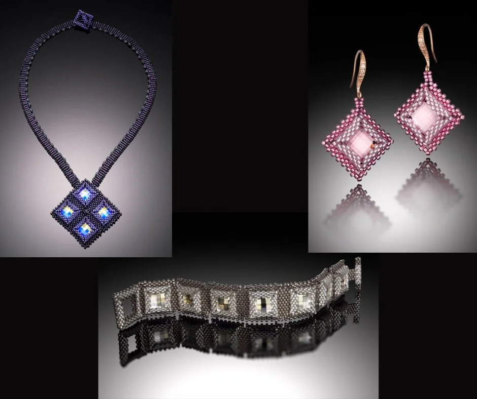 Three pieces of jewelry: a beaded necklace with four illuminated square pendants, a pair of pink beaded earrings with square pendants, and a silver bracelet with square gemstones, all displayed on black background.