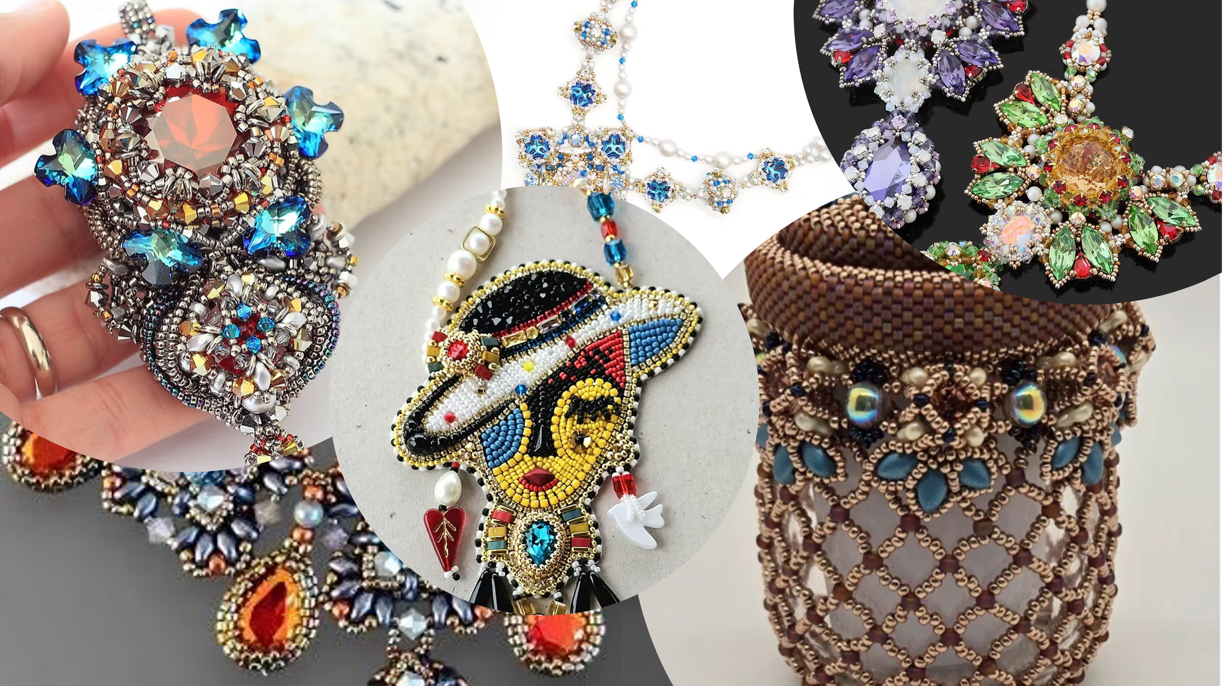 A collage of various colorful jewelry pieces, including rings, necklaces, and a bracelet, featuring beads, gemstones, and intricate designs.