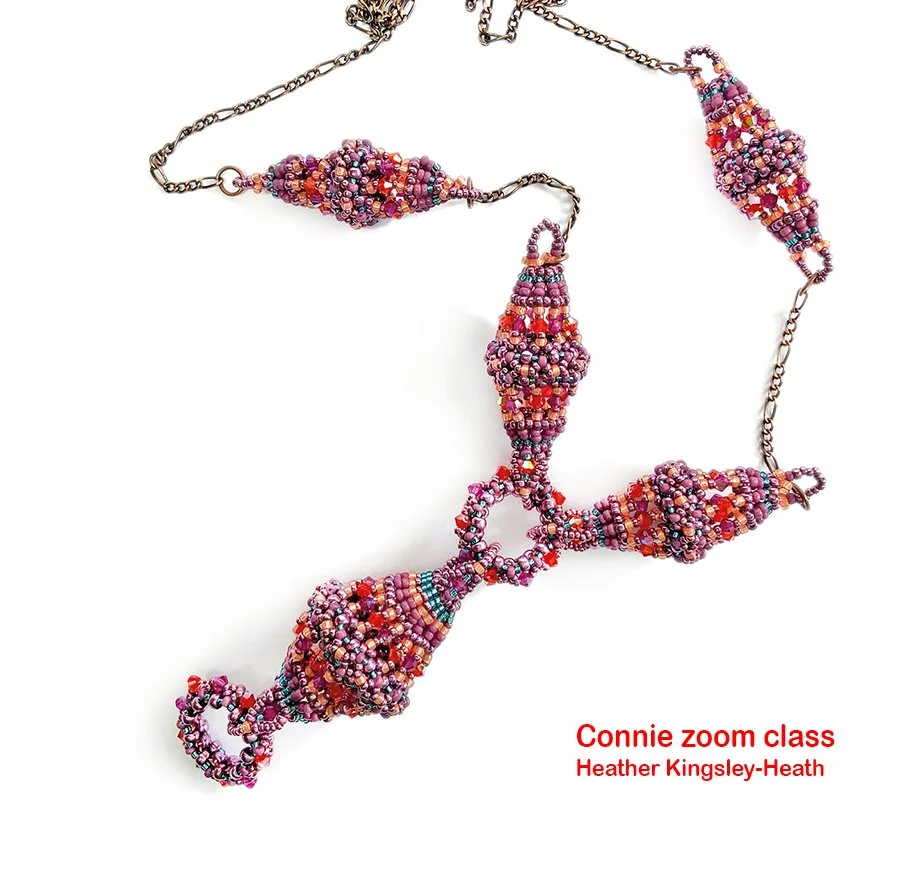 Colorful beaded necklace with large beaded shapes connected by metal chain links, on a white background with red text that reads 'Connie zoom class Heather Kingsley-Heath'.
