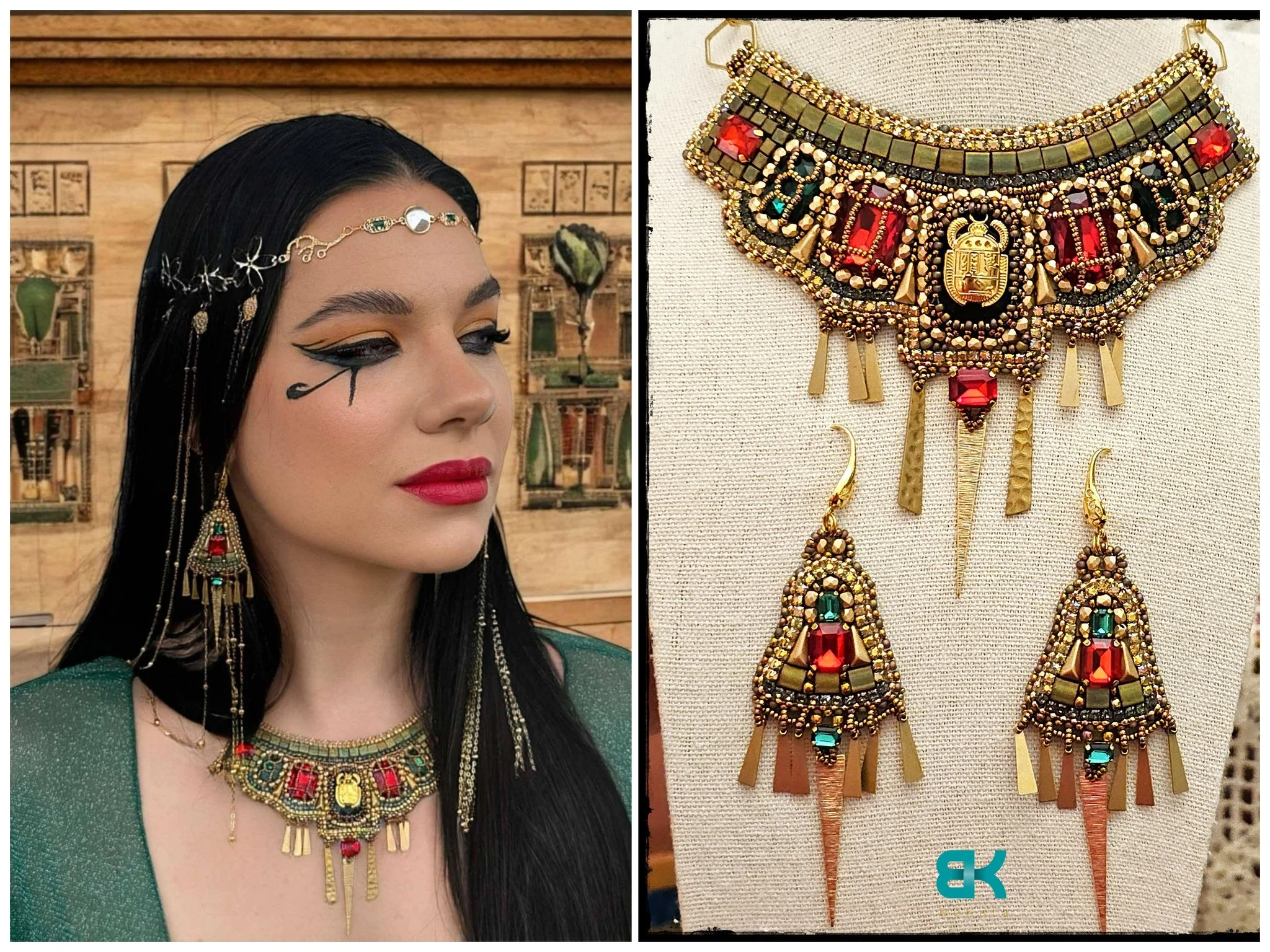 Side view of a woman with long black hair wearing an ornate Egyptian-inspired jewelry set, jewelry display with similar design, both featuring gold, red, and green stones, and tassel details.