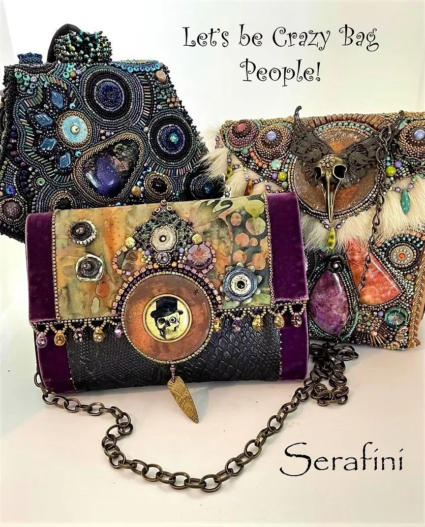 Three decorated handbags with intricate embellishments and jewelry-style adornments, including beads, crystals, feathers, and metal accents. The background features a white surface with the phrases "Let's be Crazy Bag People!" and the signature "Sera