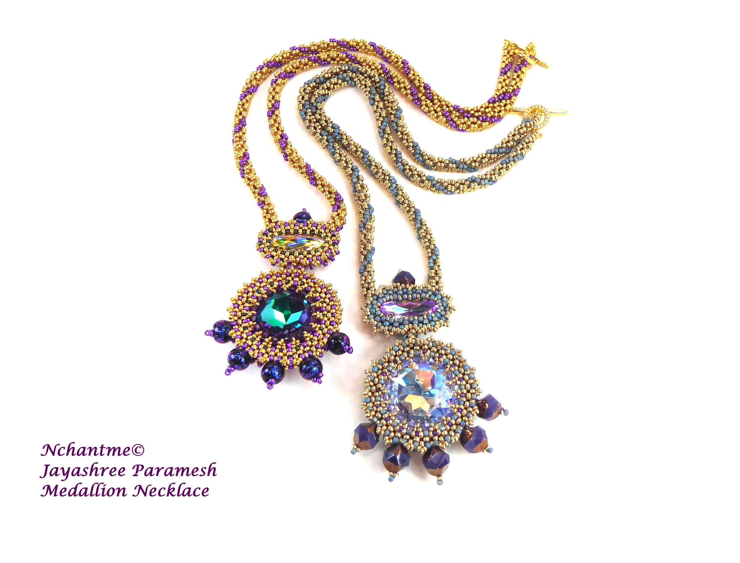 Colorful beaded jewelry including necklaces and medallion-style pendants displayed on a white background.