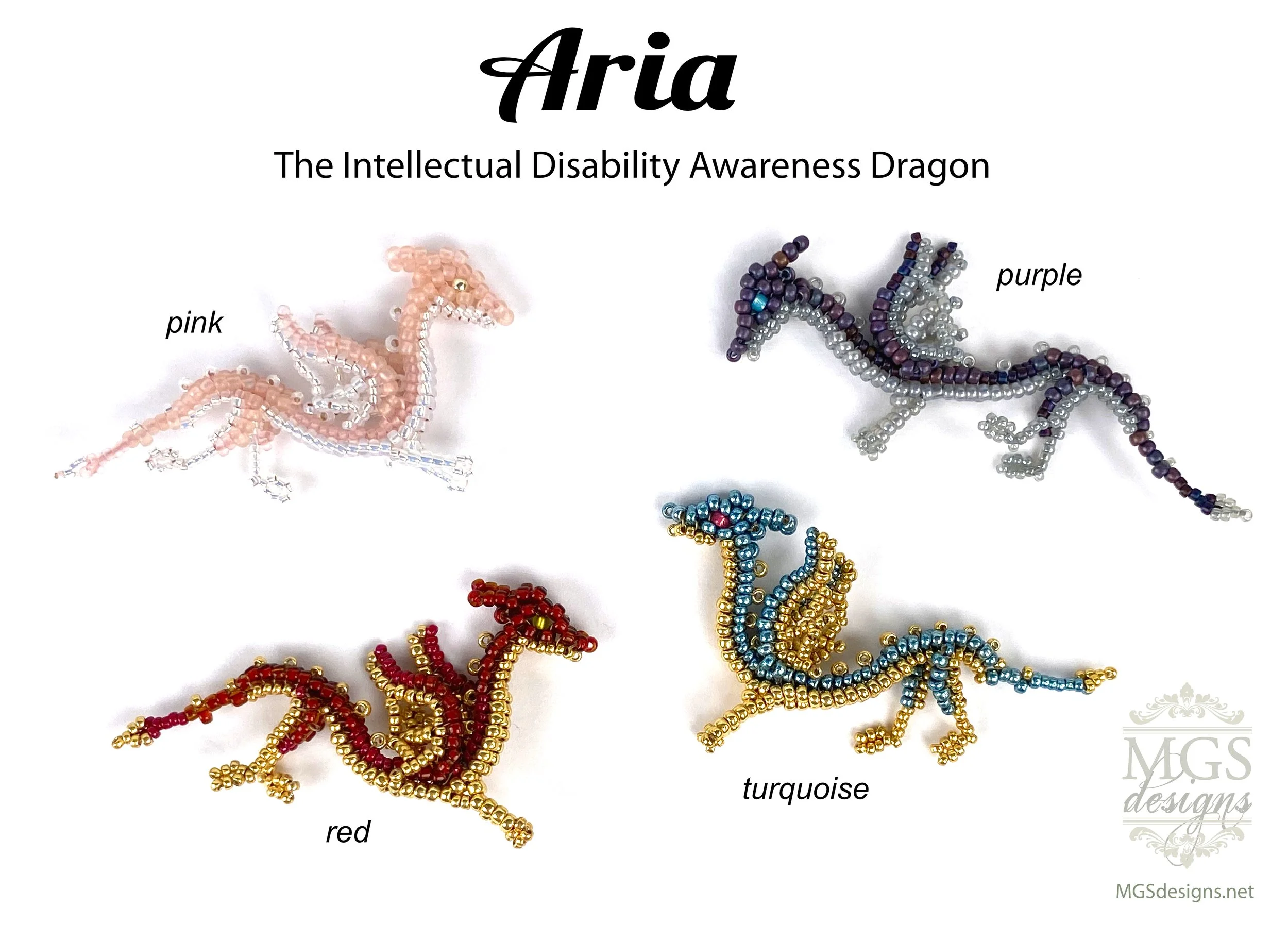 Beaded dragon in pink, purple, red, and turquoise with labels for each color, displayed on a white background.