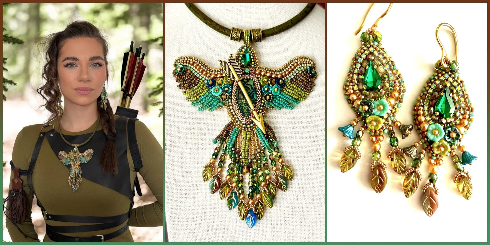 A woman dressed in a green and black costume wearing a large, colorful beaded necklace with a dragonfly motif, and matching earrings featuring green and gold beads and leaf-shaped pendants.