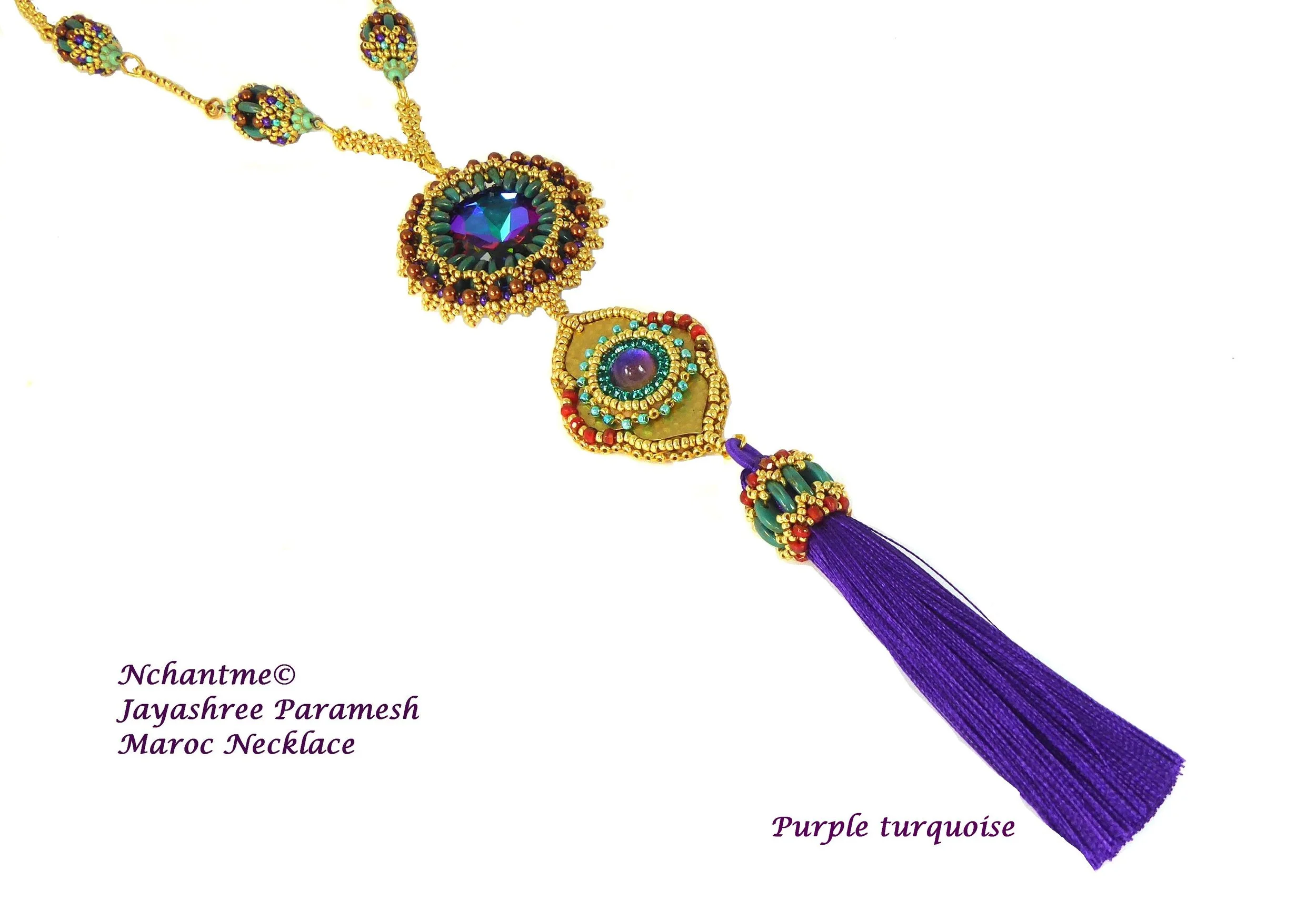 Decorative Moroccan necklace with a purple turquoise bead pendant, gold beads, and purple tassel, featuring intricate beadwork with colorful beads including red, green, and purple, against a plain white background.