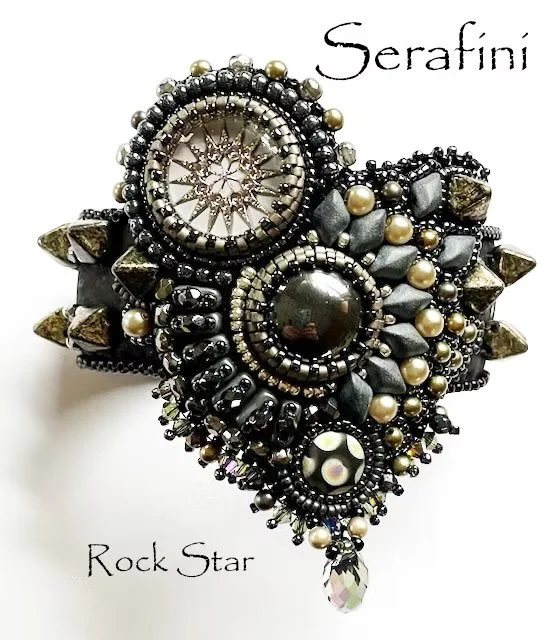 A beaded and jeweled accessory with black, silver, and pearl elements, featuring star and circular motifs, and labeled 'Serafini Rock Star'.