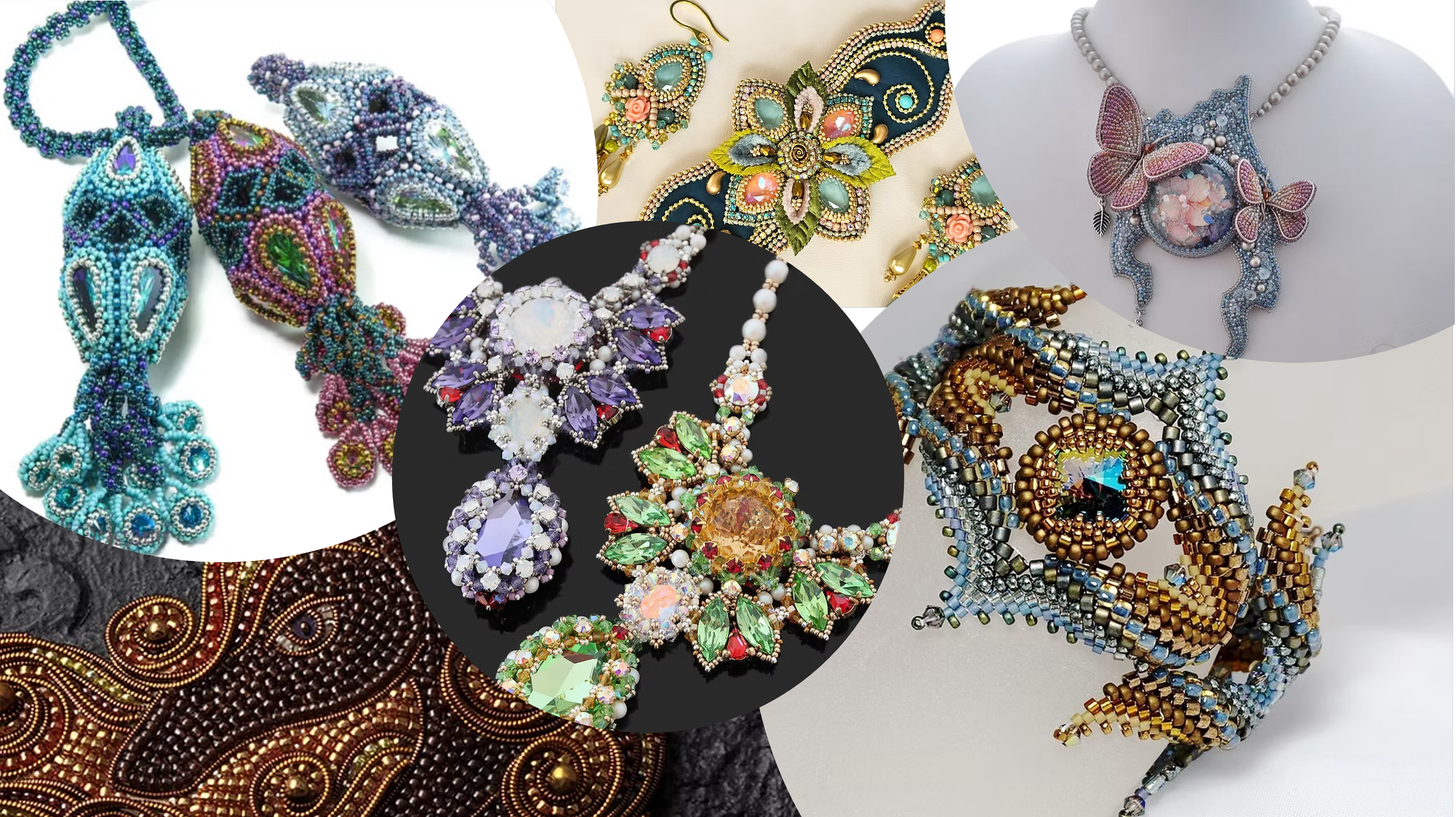 Collage of various colorful, intricate beaded jewelry pieces including necklaces, earrings, and brooches with detailed beadwork and gemstone embellishments.