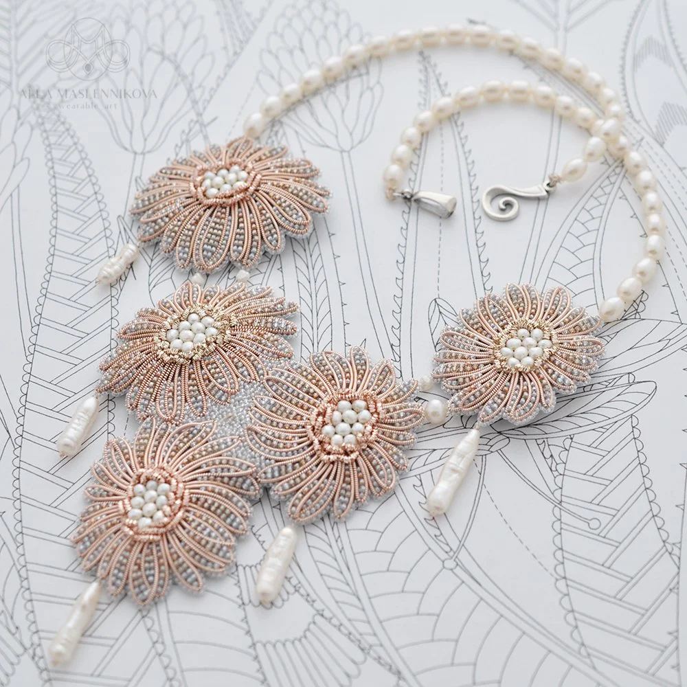 A jewelry set with a necklace and five matching flower-shaped earrings, featuring rose gold-colored metal, white pearls, and intricate beadwork, laid on a white background with black line drawings of leaves.