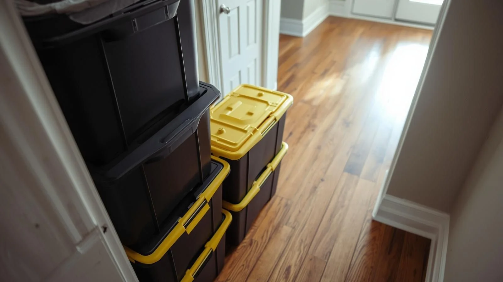Stacked black storage bins with yellow lids and handles in a hallway with hardwood floor.