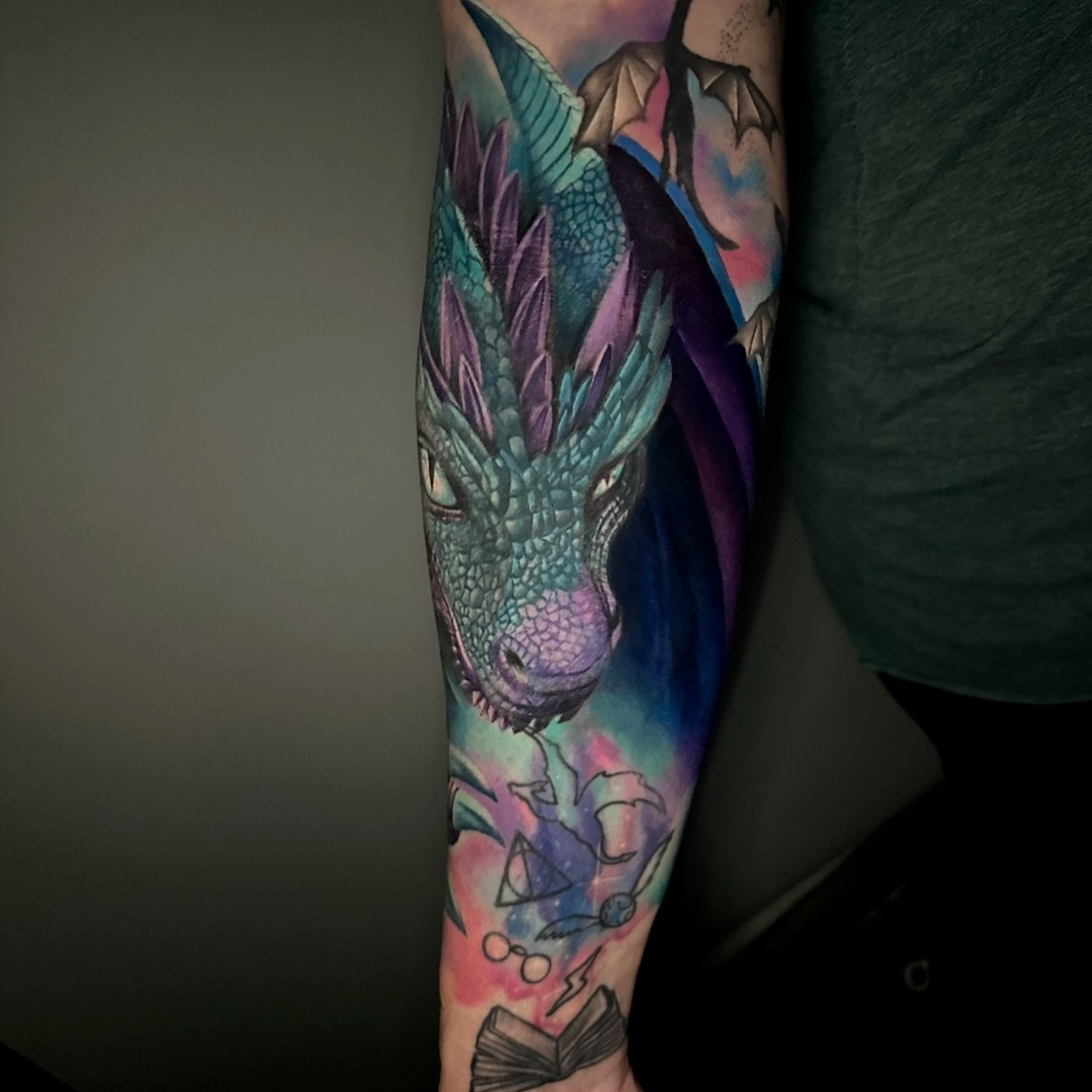 This coverup project has been so fun and challenging since she wanted to only cover part of an existing tattoo. Such an amazing color pallet we chose to work with. We will be adding onto this on the upper arm with a phoenix 🐦&zwj;🔥! more mythical c