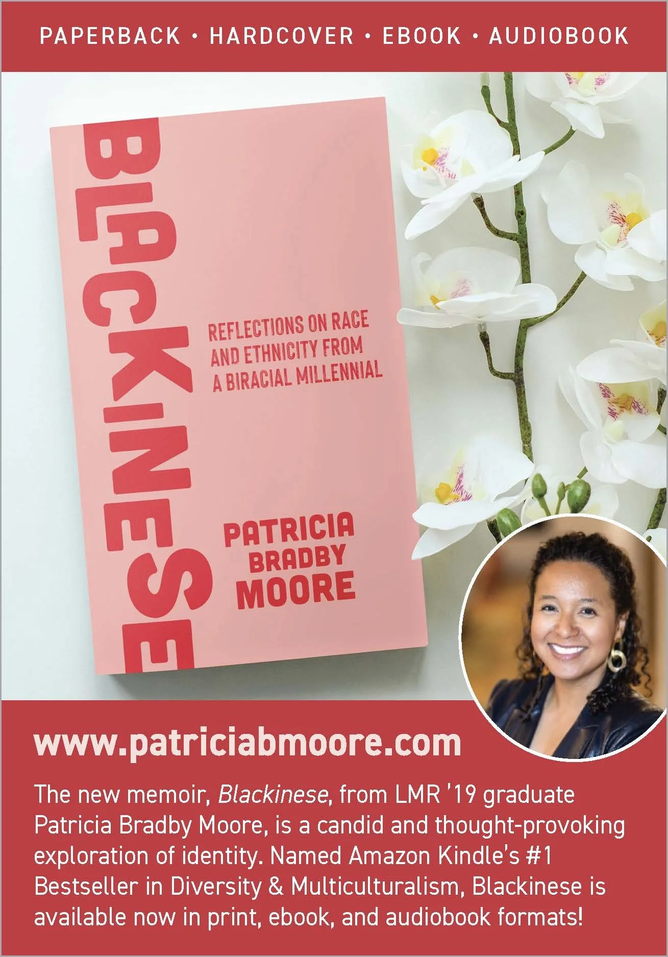 Print ad design for the book "Blackinese" by Patricia Bradby Moore. The ad features bold text in colors and styles matching the book design. The website www.patriciamoore.com is at the bottom with some descriptive text about the book and author.