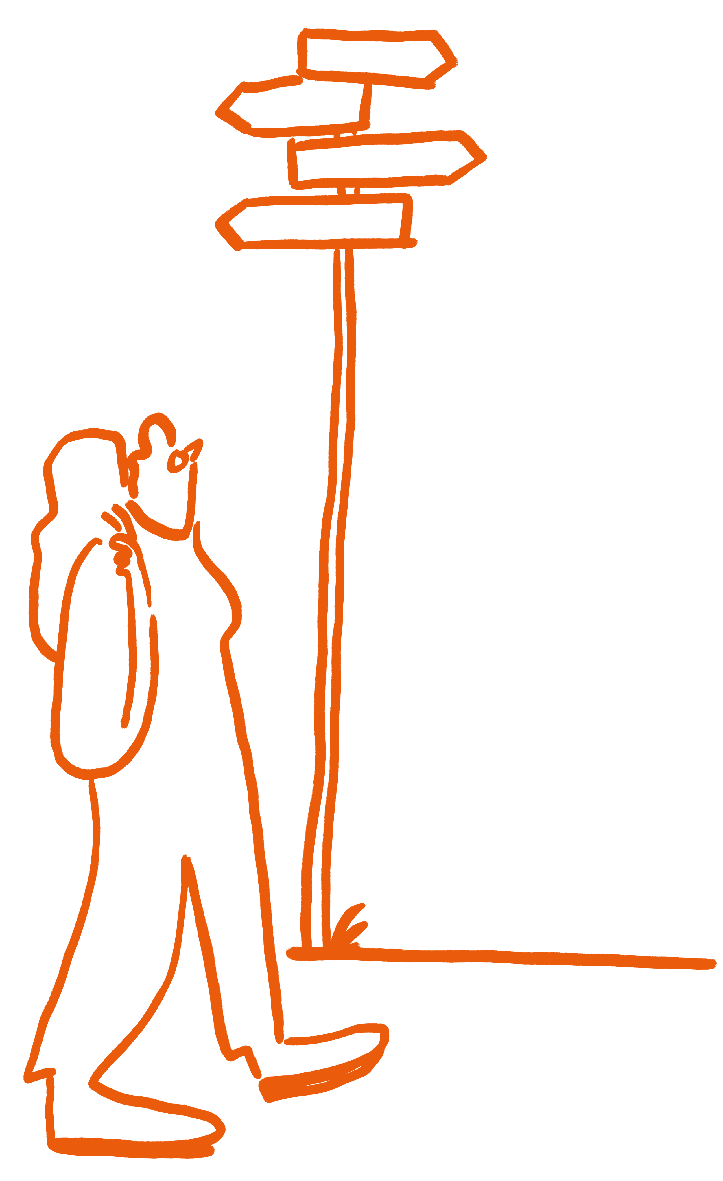 Illustrierte laufende Rita-Figur mit Wanderschuhen und Rucksack, die auf einen Wegweiser mit Pfeilen in verschiedene Richtungen schaut.