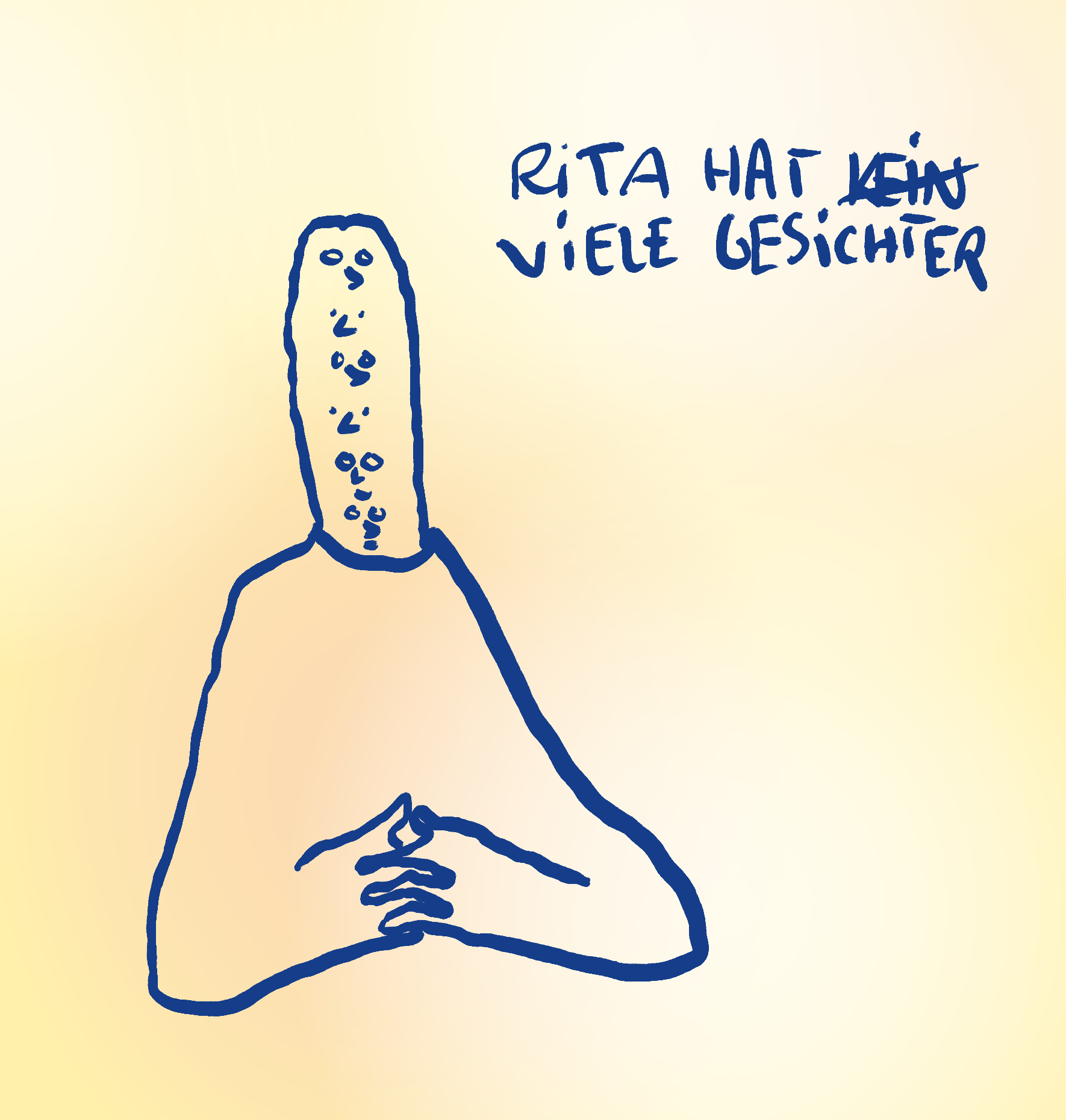 Illustriertte Figur mit mehreren Augenpaaren, Nasen und Mündern, daneben ist zu lesen "Rita hat (durchgestrichen) keine viele Gesichter"