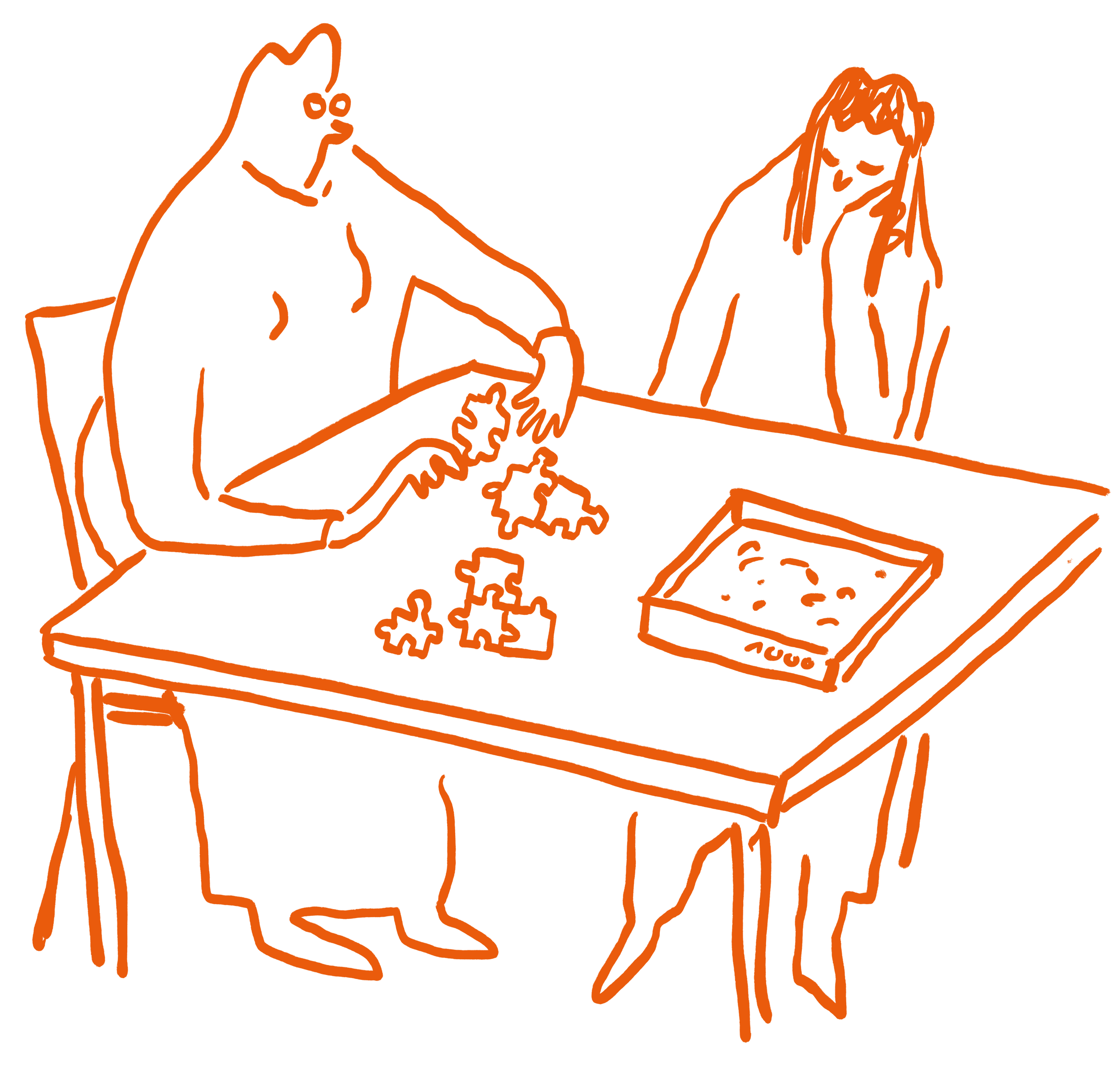 Die Illutration zeigt die Rita-Figur mit einer weiteren Person sitzend an einem Tisch, auf dem ein Puzzlekarton steht. Rita hat einige Teile gepuzzelt, die andere Person hält den Kopf auf eine Hand gestützt und schaut passiv zu.