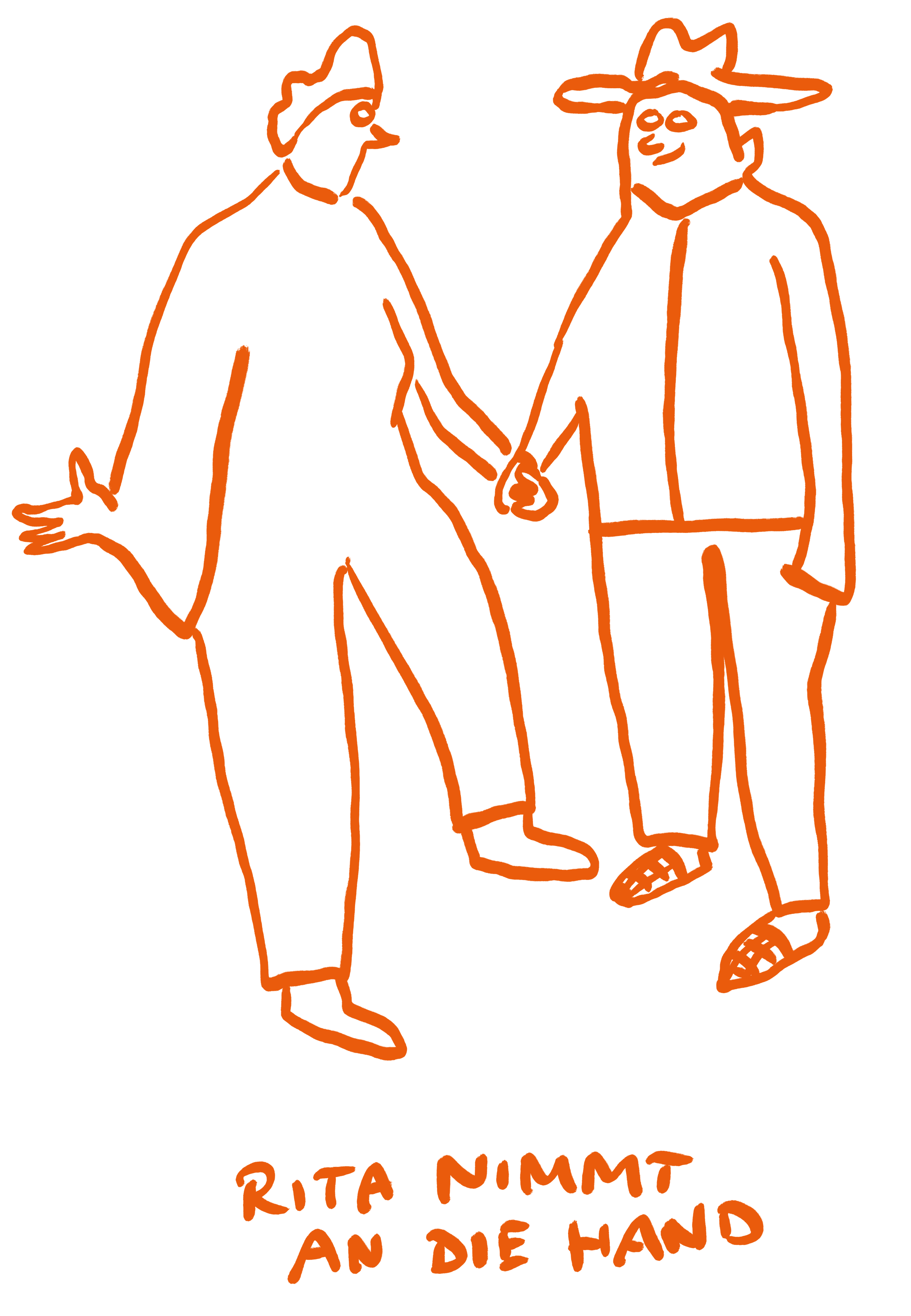 Eine illustrierte Rita-Figur nimmt eine freundlich schauende Person mit breitem Hut an die Hand und weist mit der anderen Hand in eine Richtung. Unter der illustration steht "Rita nimmt an die Hand".