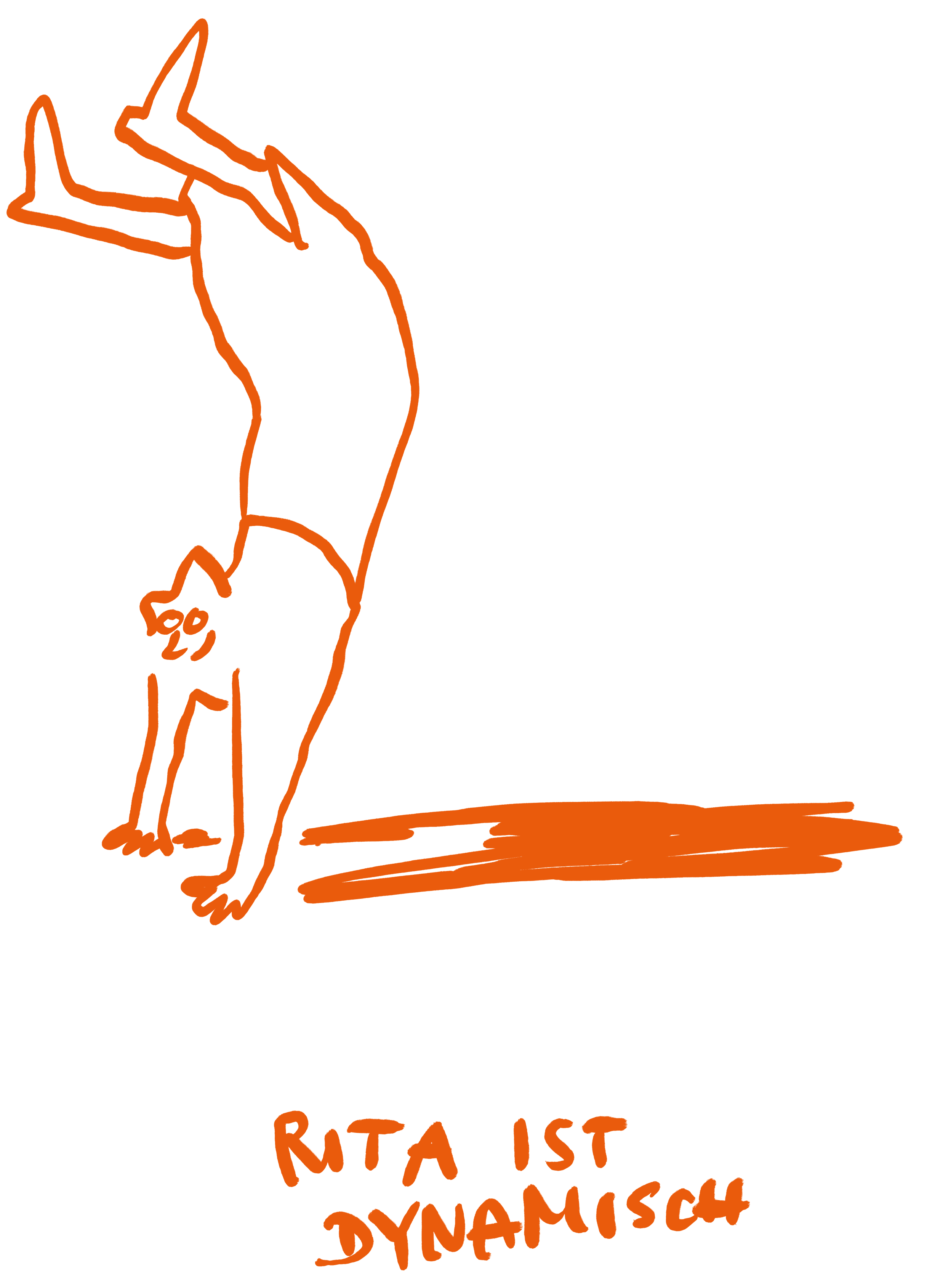 Die Illustration zeigt eine locker linear gezeichnete Rita-Figur, die einen Handstand macht. Darunter steht handschriftlich der Text "Rita ist dynamisch".