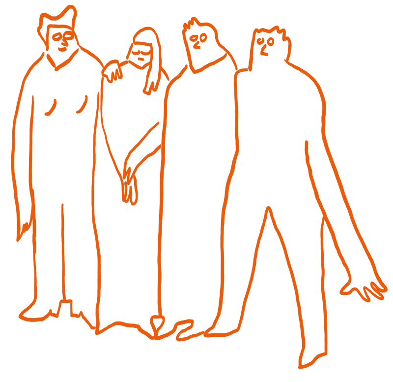 Die Illustration zeigt drei traurig am Grab stehende Personen. Rita legt der Person ganz links die Hand auf die Schulter und blickt mitfühlend zu allen dreien.