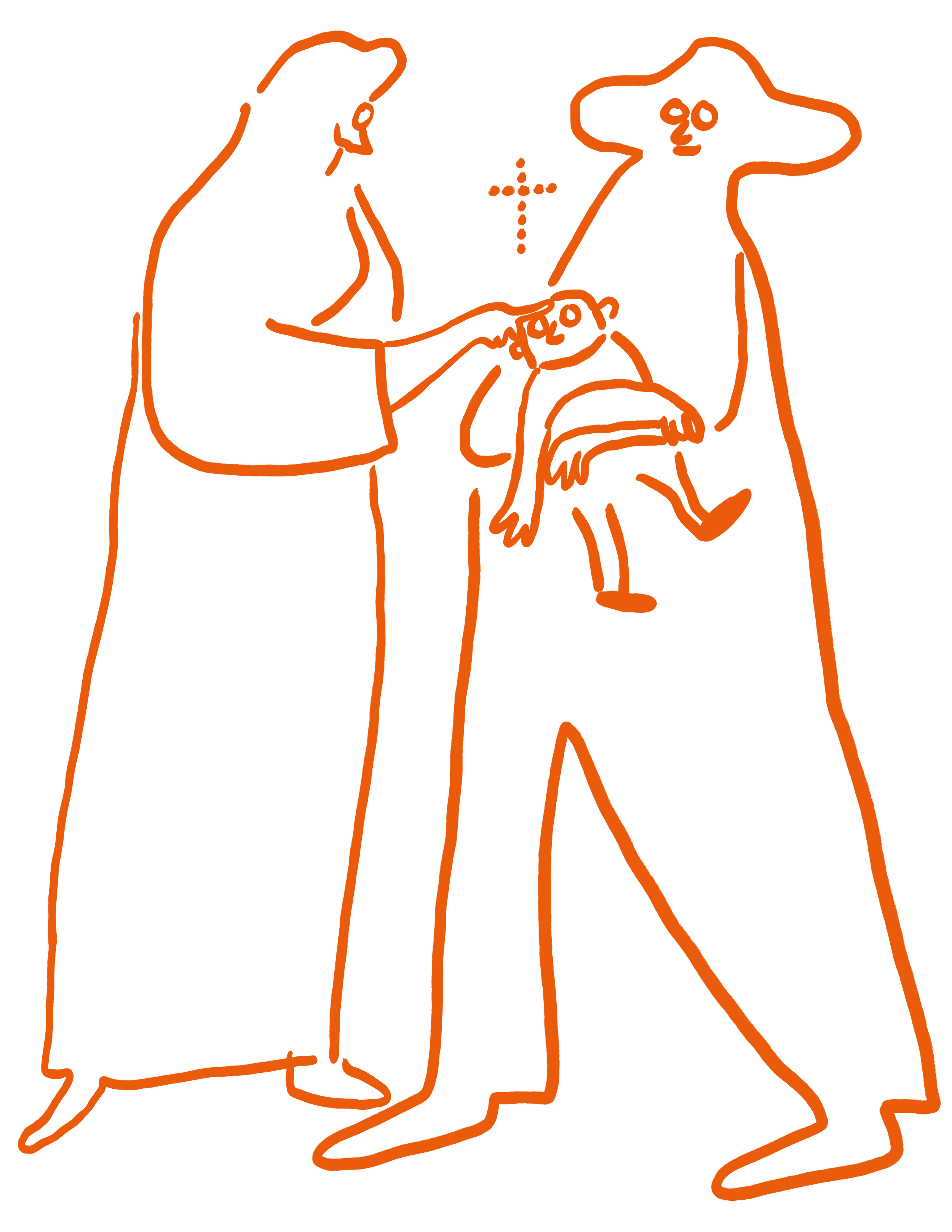 Illustrierte Rita-Figur, die mit dem Finger ein Kreuz auf die Stirn eines kleinen Kindes zeichnet, das im Arm eines Elternteils liegt.